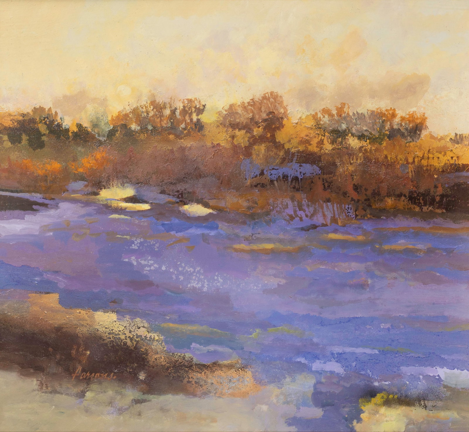 Patsy Parsons (American, 20th Century) 'Tag Alder on the Pere Marquette' Oil on Panel (1 of 3)