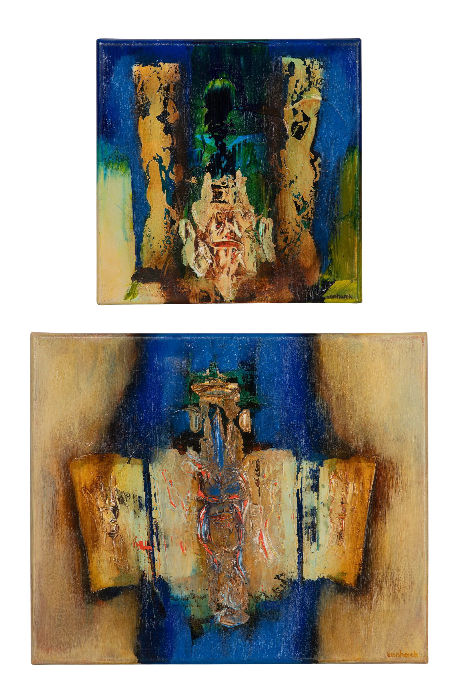 Hans Vanhorck (Dutch, b.1952) Acrylics on Canvas: Hans Vanhorck (Dutch, b.1952) Acrylics on Canvas (2) 1997 items, signed lower right, signed again, dated and titled verso, including 'Traces' and 'Shapes of Things' impasto abstractions, gallery-wrapp
