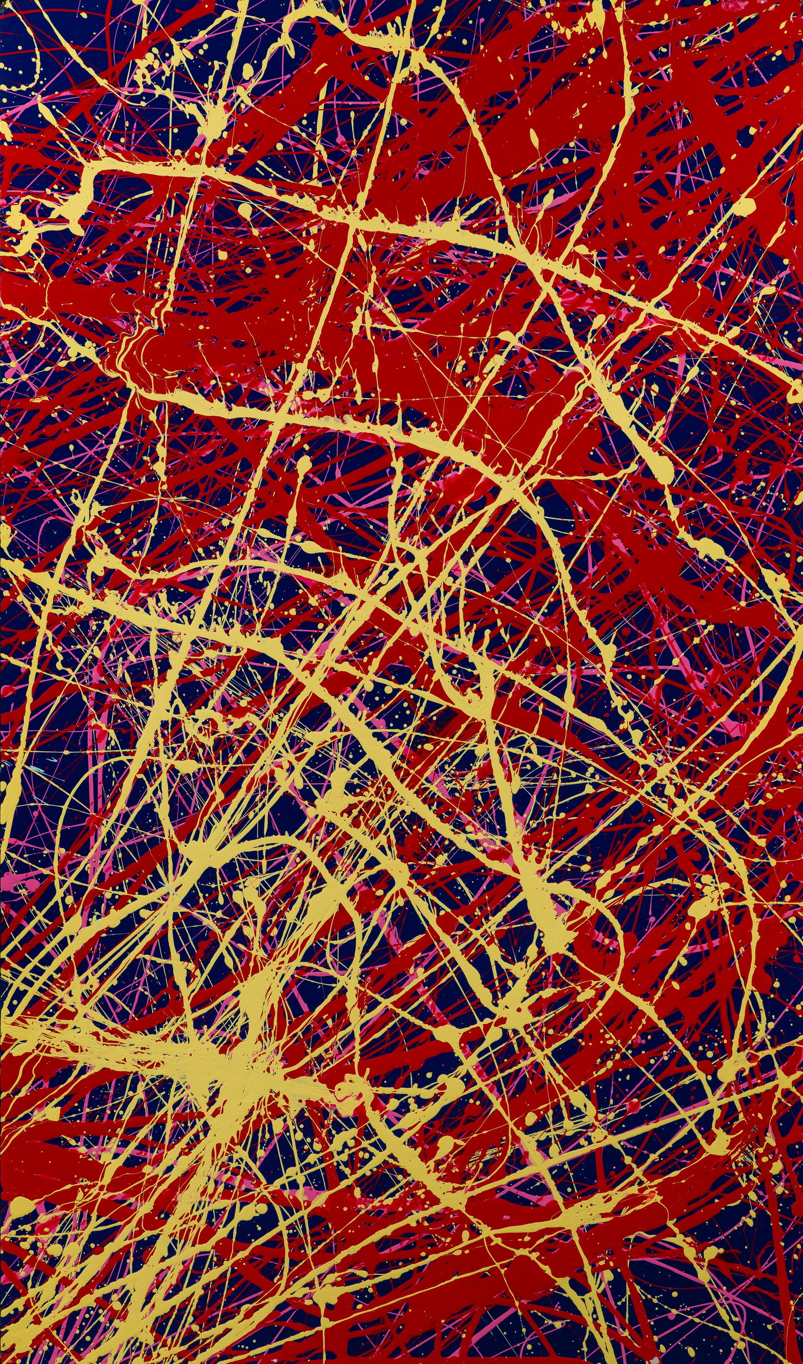 Unknown Artist (20th Century) Oil on Board: Unknown Artist (20th Century) Oil on Board Undated, unsigned, drip painting having red and yellow on a dark blue ground, float mounted in a white painted wood frame Property from: an Estate, Chicago (