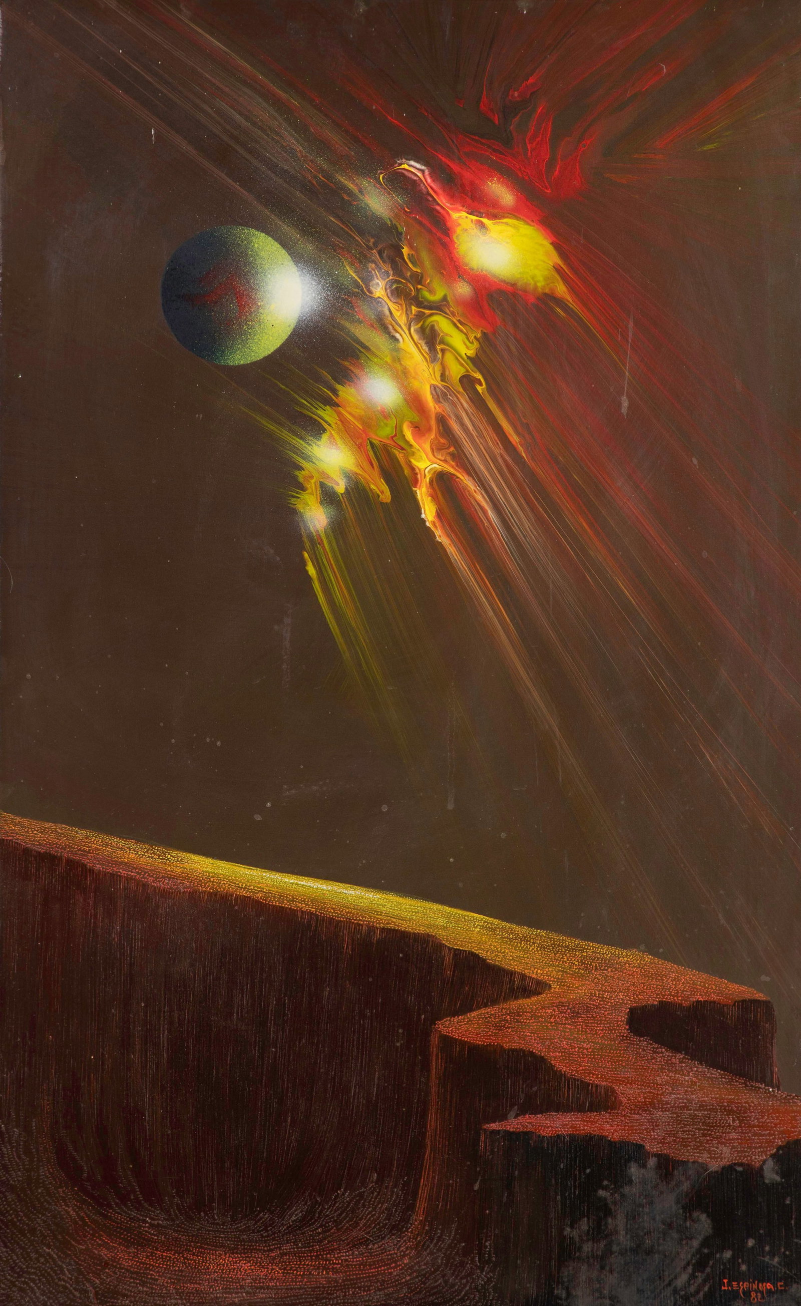 Jorge Espinosa (Mexican, b.1942) 'No. 6' Oil on Hardboard: Jorge Espinosa (Mexican, b.1942) 'No. 6' Oil on Hardboard 1982, signed, titled verso, abstract on board, float mounted within a gold-tone metal frame Property from: an Estate, Glen Ellyn, Illinois Hei