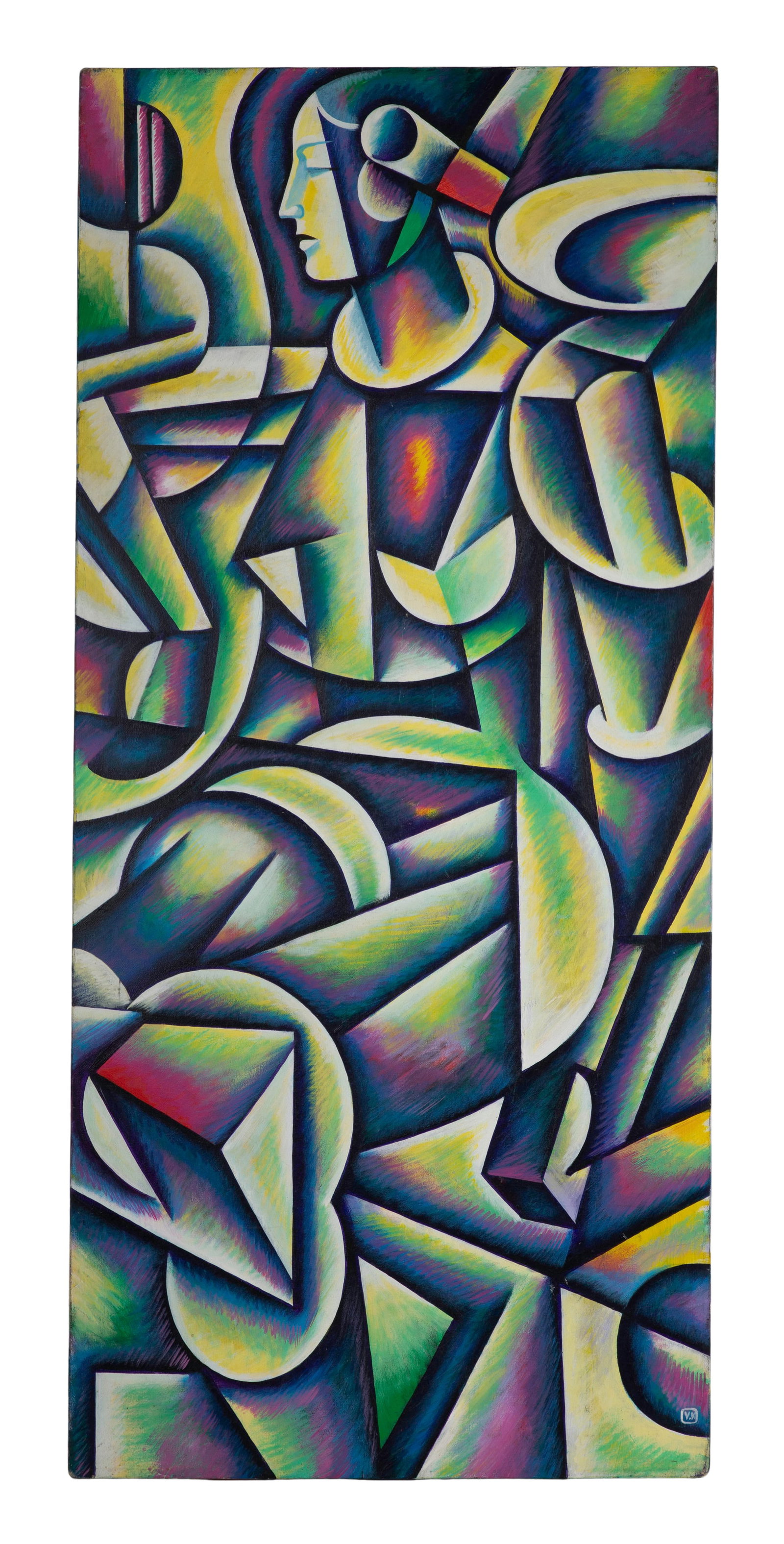 Unknown Artist (20th Century) Oil on Canvas: Unknown Artist (20th Century) Oil on Canvas Undated, initial signed 'V.K' inside a box, an abstract in blues, yellows and greens having a human face at top, unframed Property from: a Private Collector
