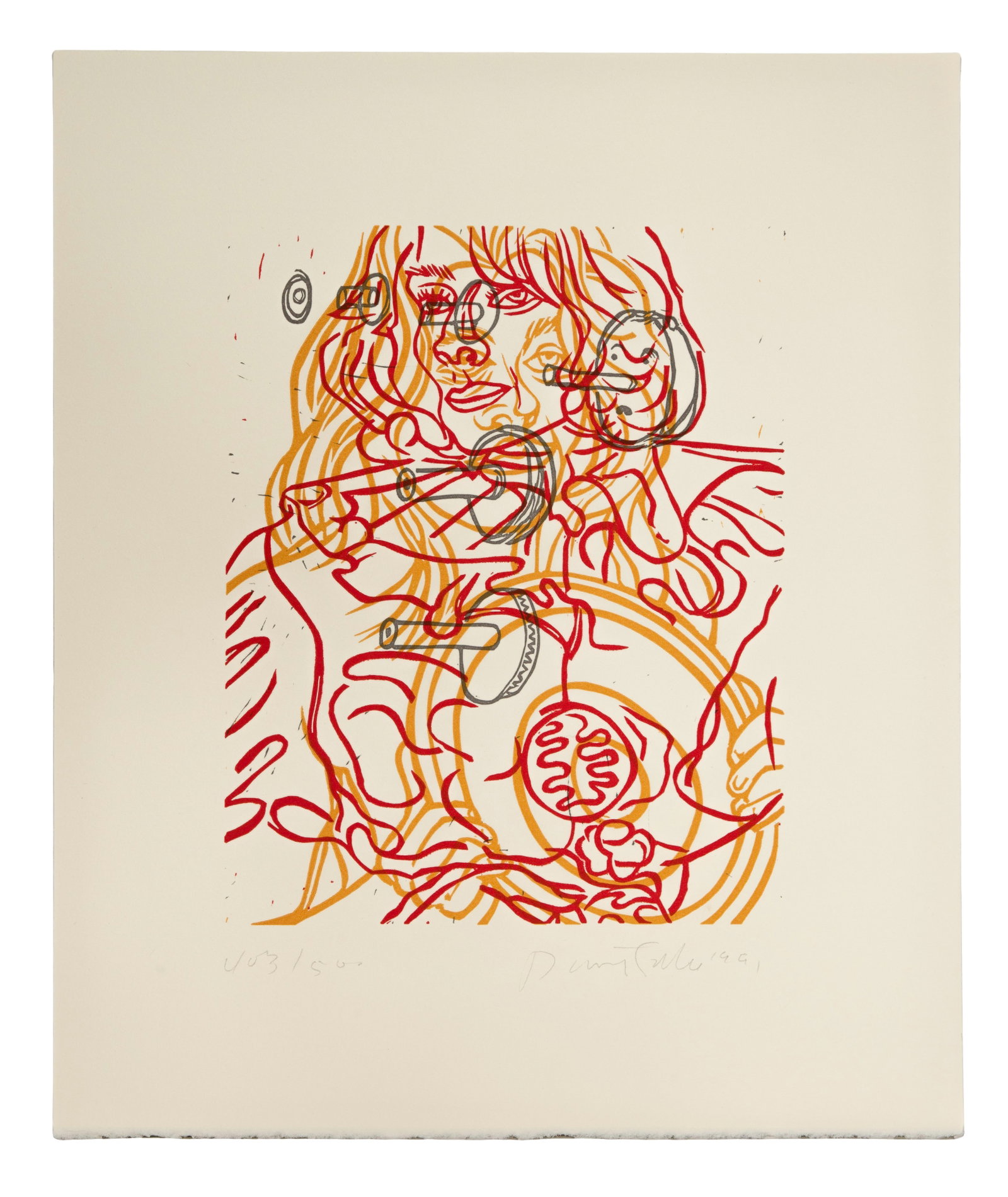 David Salle (American, b.1952) 'Untitled (for Film Forum)' Linocut: David Salle (American, b.1952) 'Untitled (for Film Forum)' Linocut 1991, signed, #403/500, given out as a thank you from The Film Forum, layered lines depicting a female figure, unframed in envelope P