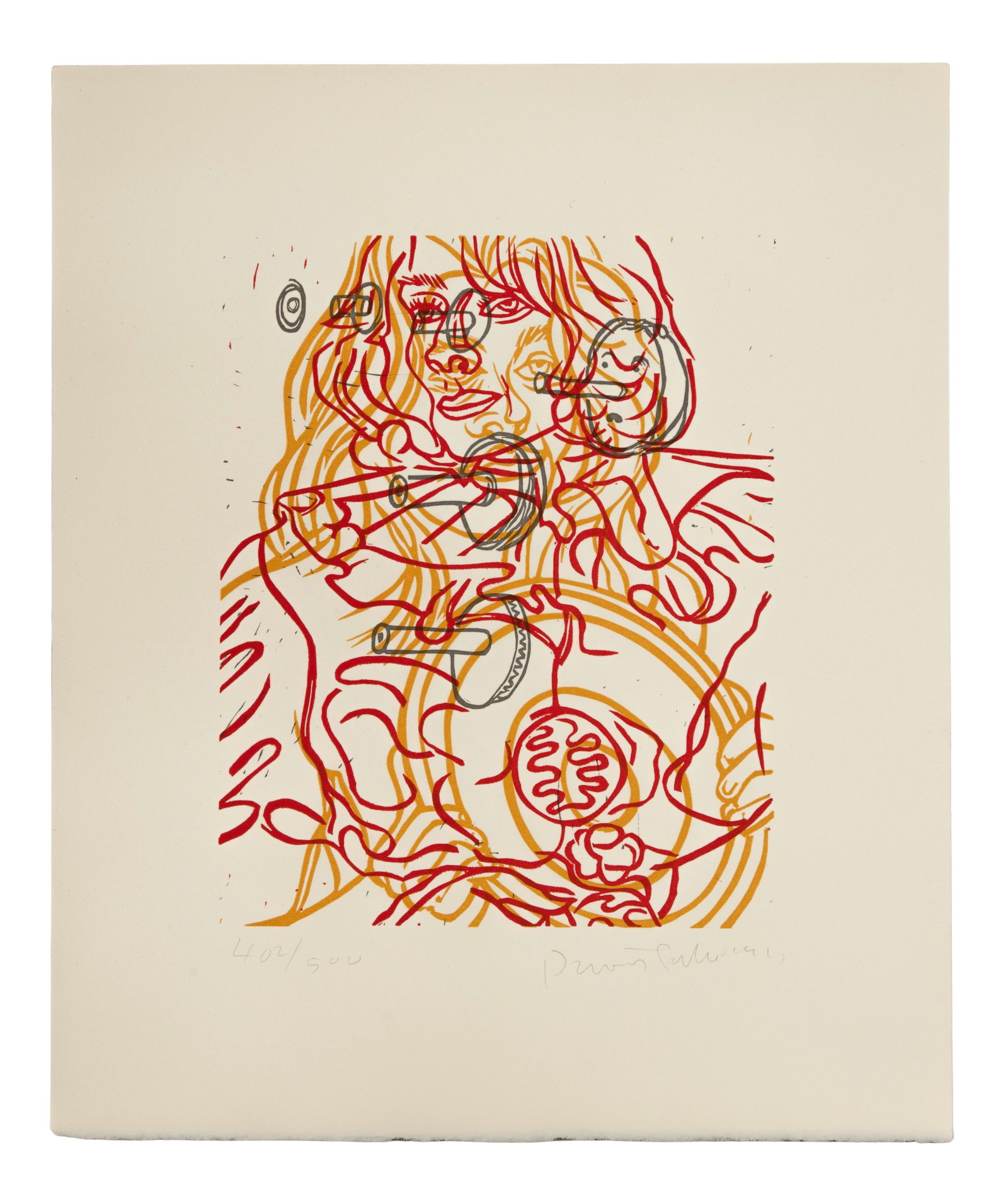 David Salle (American, b.1952) 'Untitled (for Film Forum)' Linocut: David Salle (American, b.1952) 'Untitled (for Film Forum)' Linocut 1991, signed, #402/500, given out as a thank you from The Film Forum, layered lines depicting a female figure, unframed in envelope P