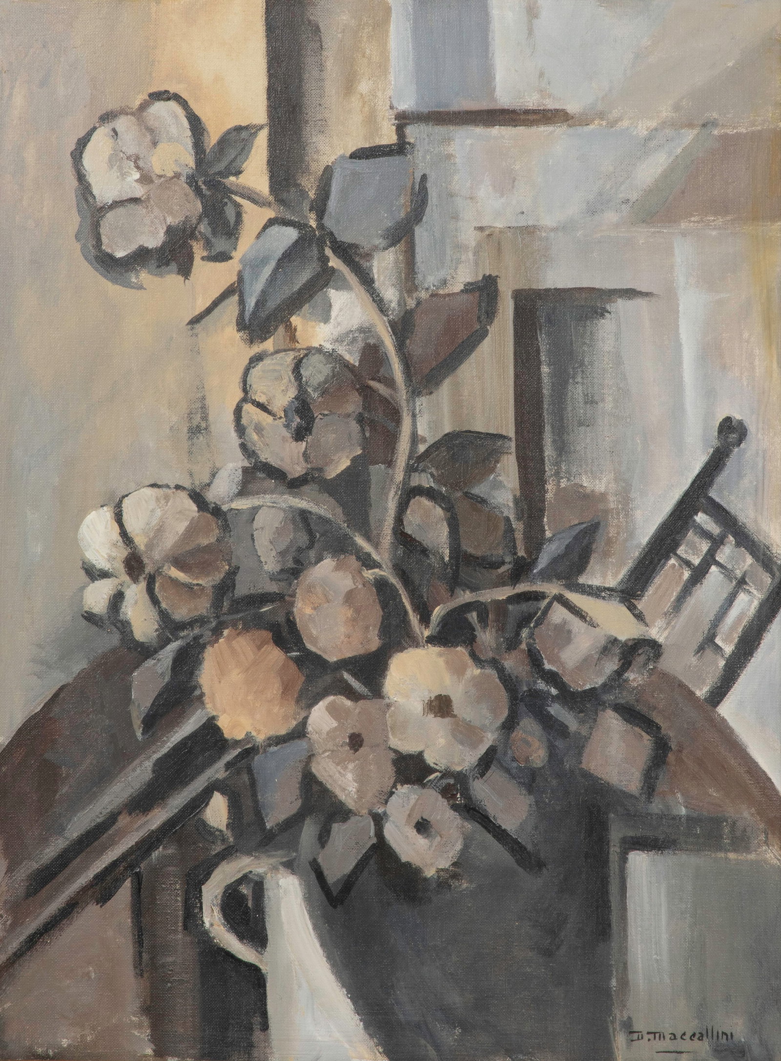 Dorothy Maccallini (American, 1923-2000) Oil on Canvas Board: Dorothy Maccallini (American, 1923-2000) Oil on Canvas Board Undated, signed, an abstract still life, behind glass in a gold-tone faced lath frame having a linen liner Property from: an Estate, Glen E