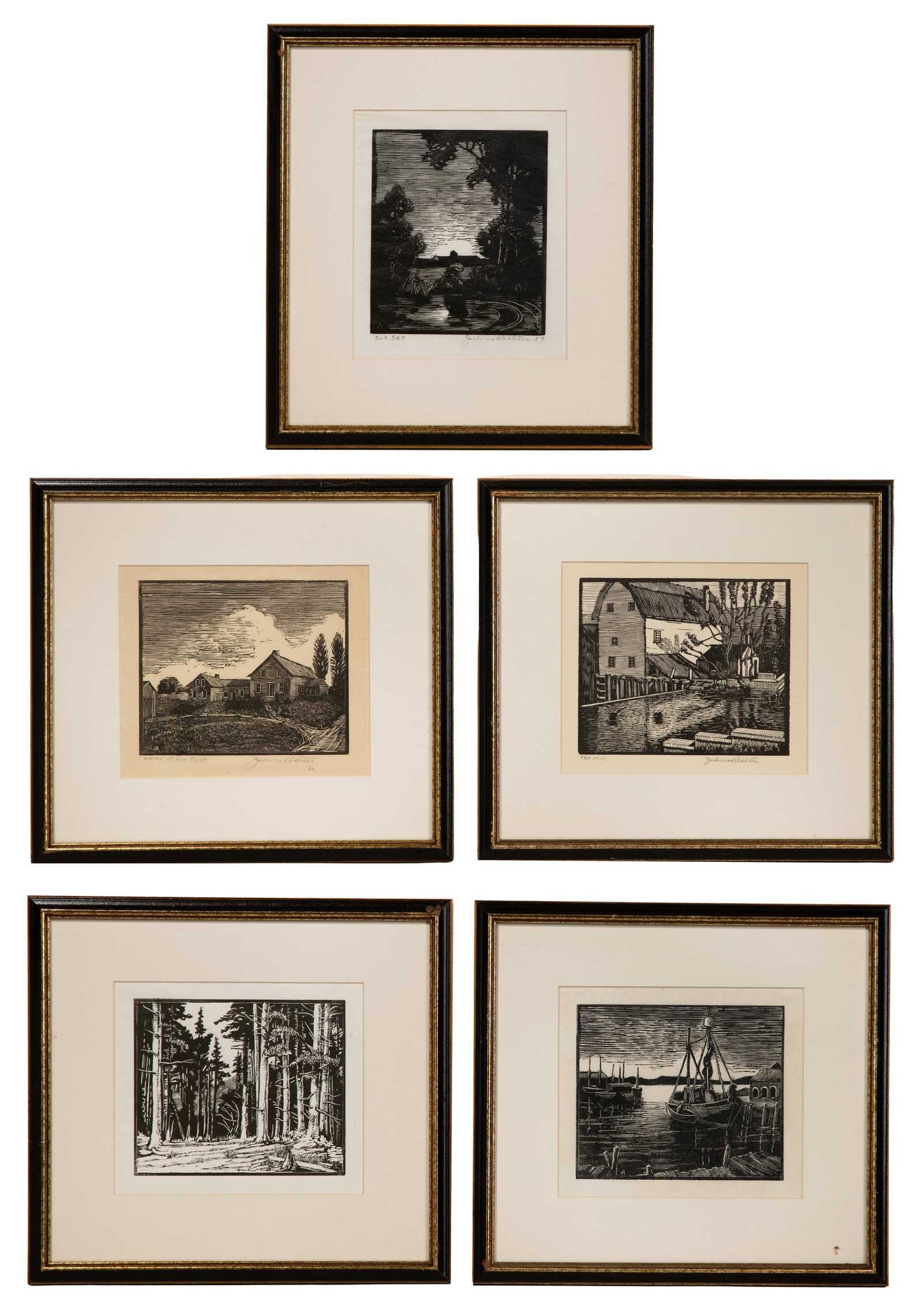 Julius Richter (American, 1876-1974) Woodcut Assortment: Julius Richter (American, 1876-1974) Woodcut Assortment (5) total items including (3) 1957 'Sunset', a 1962 'Home of the Poet' and an undated 'The Mill', all pencil signed and titled in margin; togeth