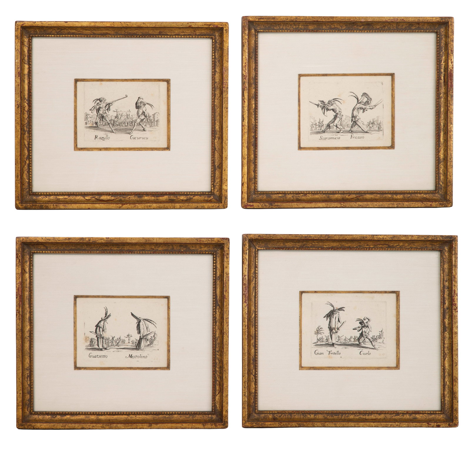 Jacques Callot (French, 1592-1635) 'Balli di Sfessania' Engraving Assortment: Jacques Callot (French, 1592-1635) 'Balli di Sfessania' Engraving Assortment (4) items from the series depicting dancers of Sfessania, having wide margins, likely posthumous restrikes, uniformly matte