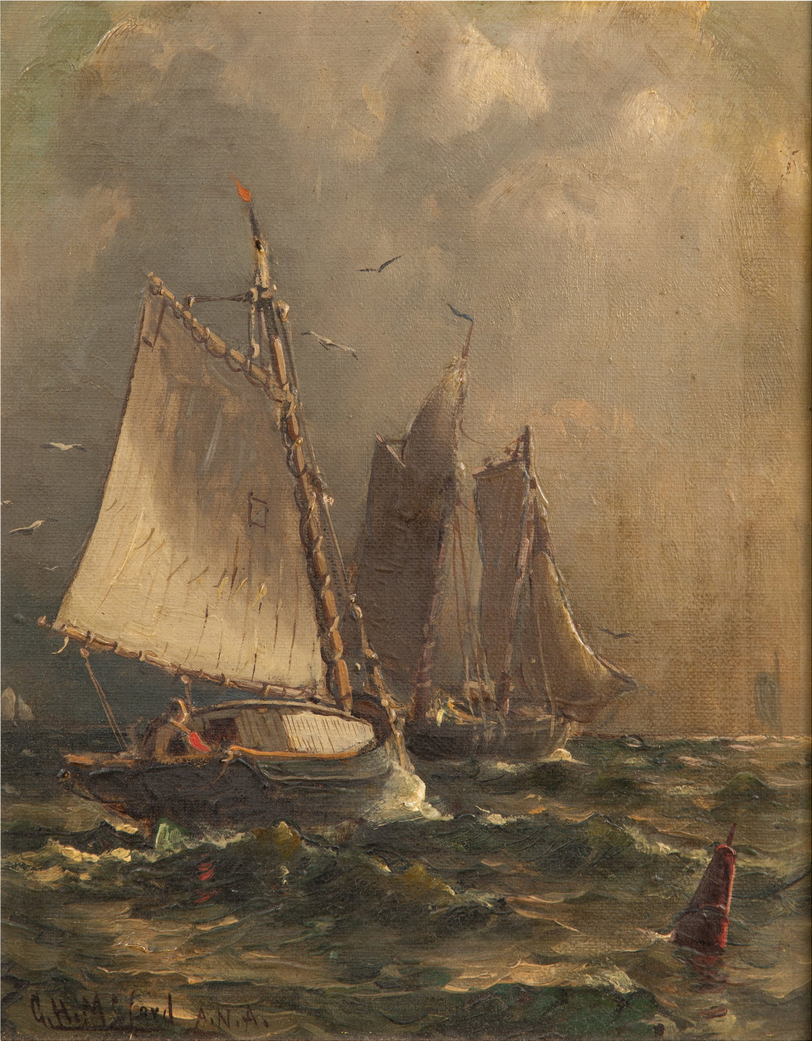 George Herbert McCord (American, 1848-1909) Oil on Canvas: George Herbert McCord (American, 1848-1909) Oil on Canvas Undated, signed and annotated 'A.N.A.', depicting a sloop and a schooner sailing side by side, in a gold-tone shell motif carved wood frame ha