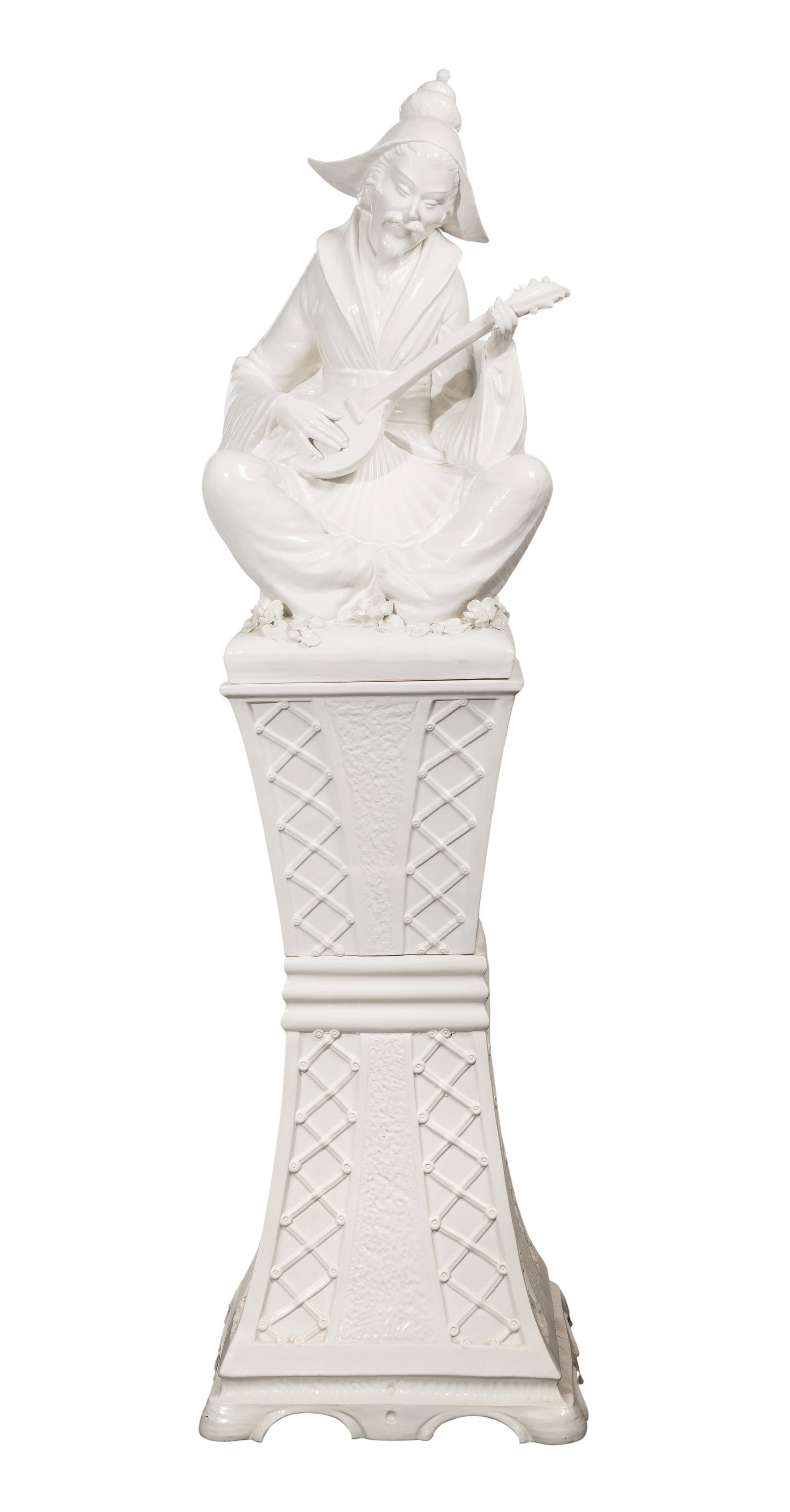 Domenico Poloniato (Italian, 1926-2013) Porcelain Sculpture on Stand: Domenico Poloniato (Italian, 1926-2013) Porcelain Sculpture on Stand A white glazed ceramic Chinoiserie figure of a musician on a 2-piece pedestal, incised signature on backside of figure Property fro
