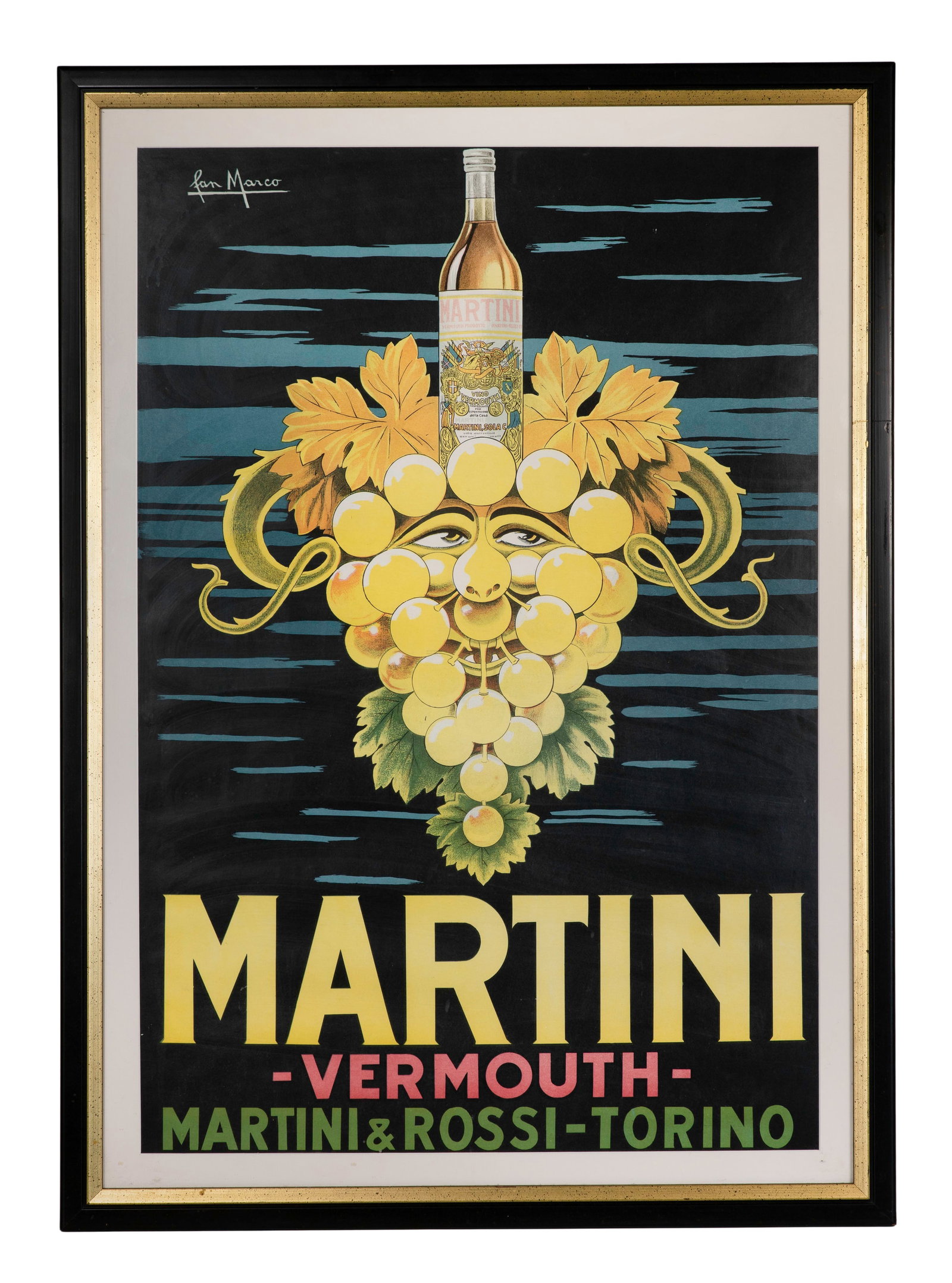 Martini and Rossi Vermouth Advertising Poster: Martini and Rossi Vermouth Advertising Poster Undated, designed by San Marco, depicting the face of Bacchus formed from grapes, holding a bottle, matted under acrylic in a black and gold-tone painted 