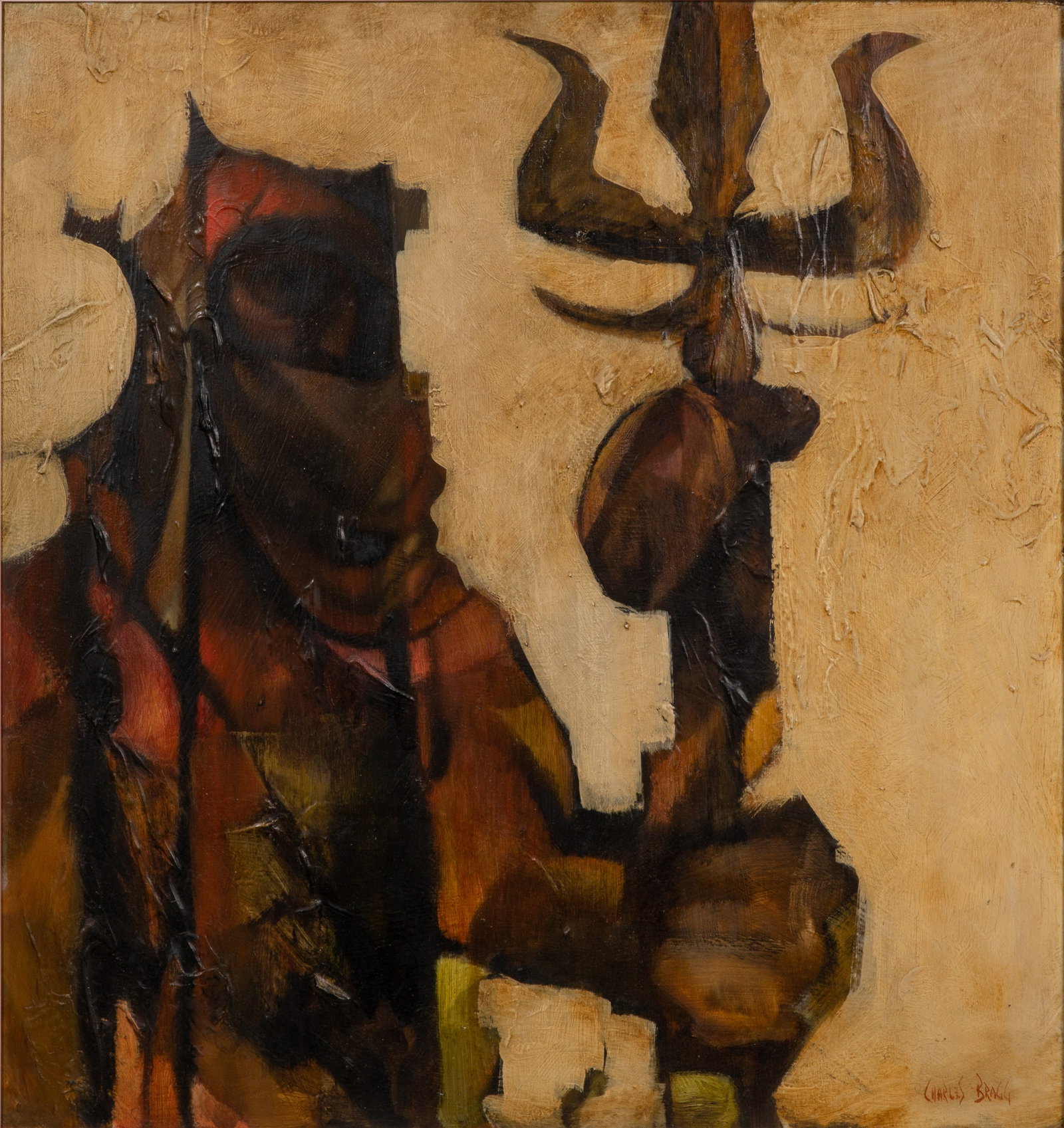 Charles Bragg (American, 1931-2017) Oil on Board: Charles Bragg (American, 1931-2017) Oil on Board Undated, signed lower right, an impasto depiction of a dark figure holding a trident, matted in a linen liner within a painted wood frame Property