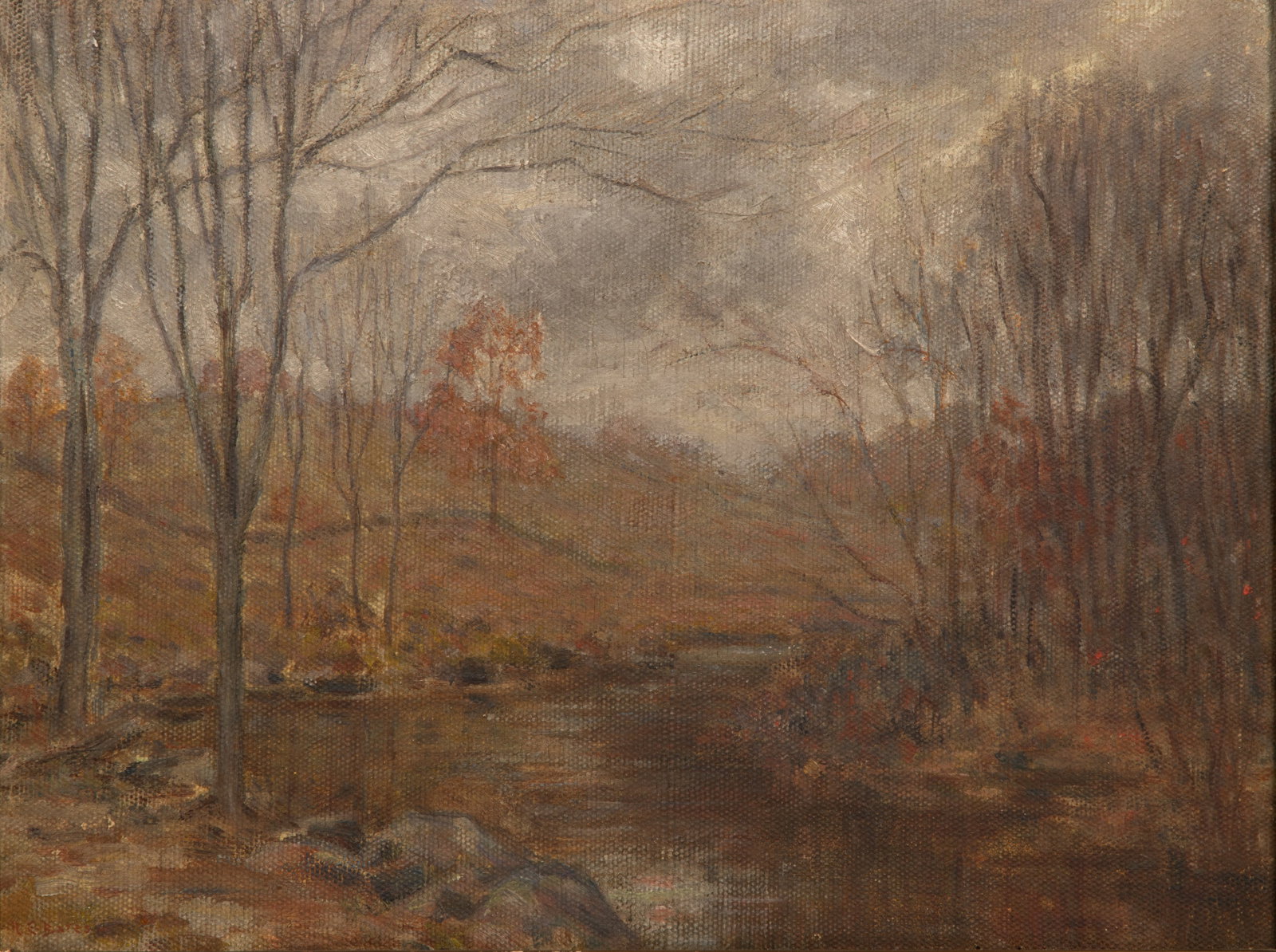 Roy Elliott Bates (American, 1882-1920) 'November Day' Oil on Panel: Roy Elliott Bates (American, 1882-1920) 'November Day' Oil on Panel 1915, signed, titled verso, depicting a fall day by a creek, in a gold-tone painted wood frame, retaining label verso Property