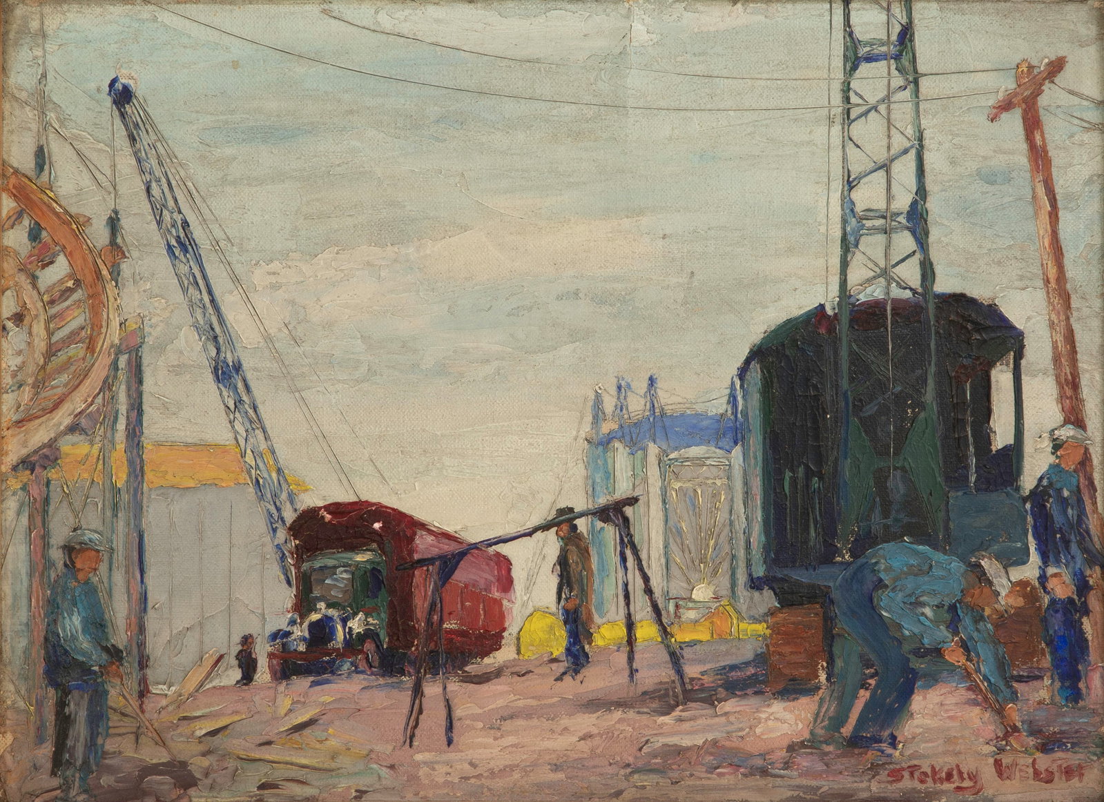 Stokely Webster (American, 1912-2001) Oil on Canvas on Board: Stokely Webster (American, 1912-2001) Oil on Canvas on Board Undated, signed, depicting construction at the 1933 Chicago World's Fair site, the Travel and Transport Building in the distance, in a