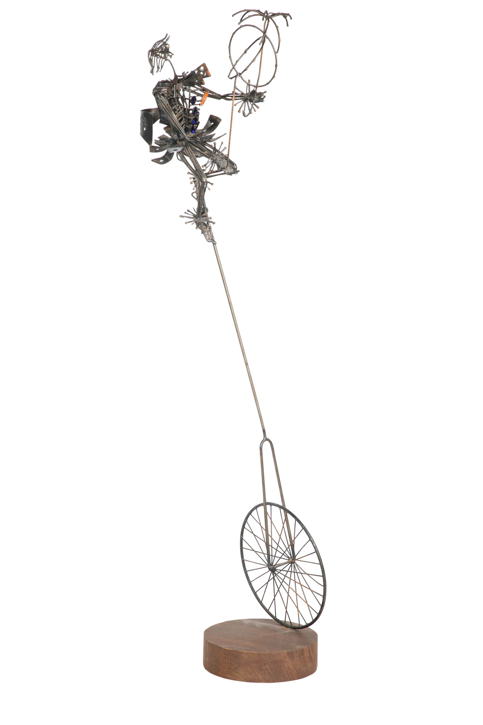 Joseph Burlini (American, b.1937) Kinetic Sculpture: Joseph Burlini (American, b.1937) Kinetic Sculpture 1968, signed on base, enamel on sculpted and welded steel, depicting a juggling clown on a unicycle mounted on a wood base Property from: an