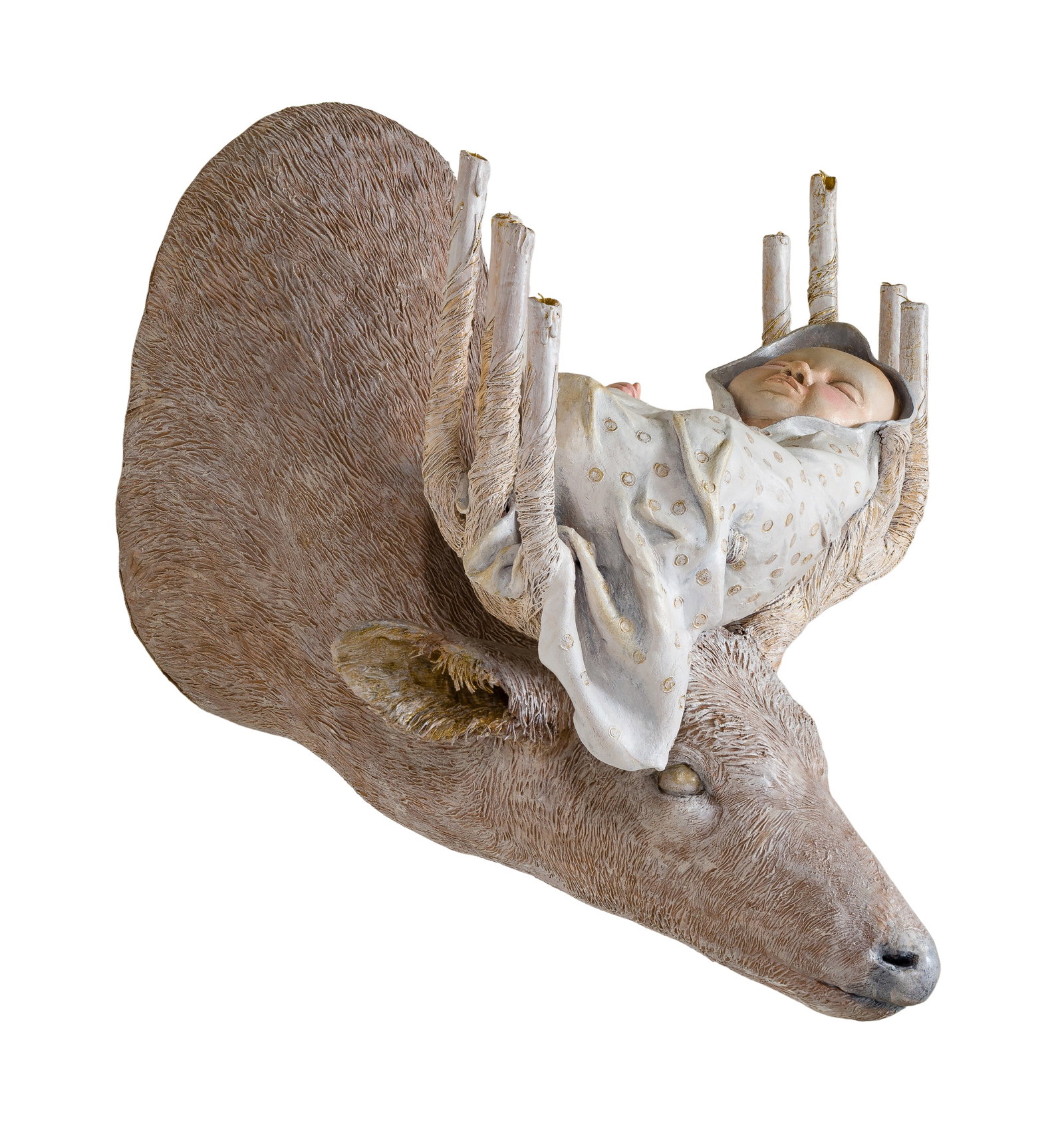 Unknown Artist (20th Century) Resin Wall Sculpture: Unknown Artist (20th Century) Resin Wall Sculpture Depicting a deer having antlers culminating in faux candles, which support a sleeping infant Property from: an Estate, Peoria, Illinois Height: 20