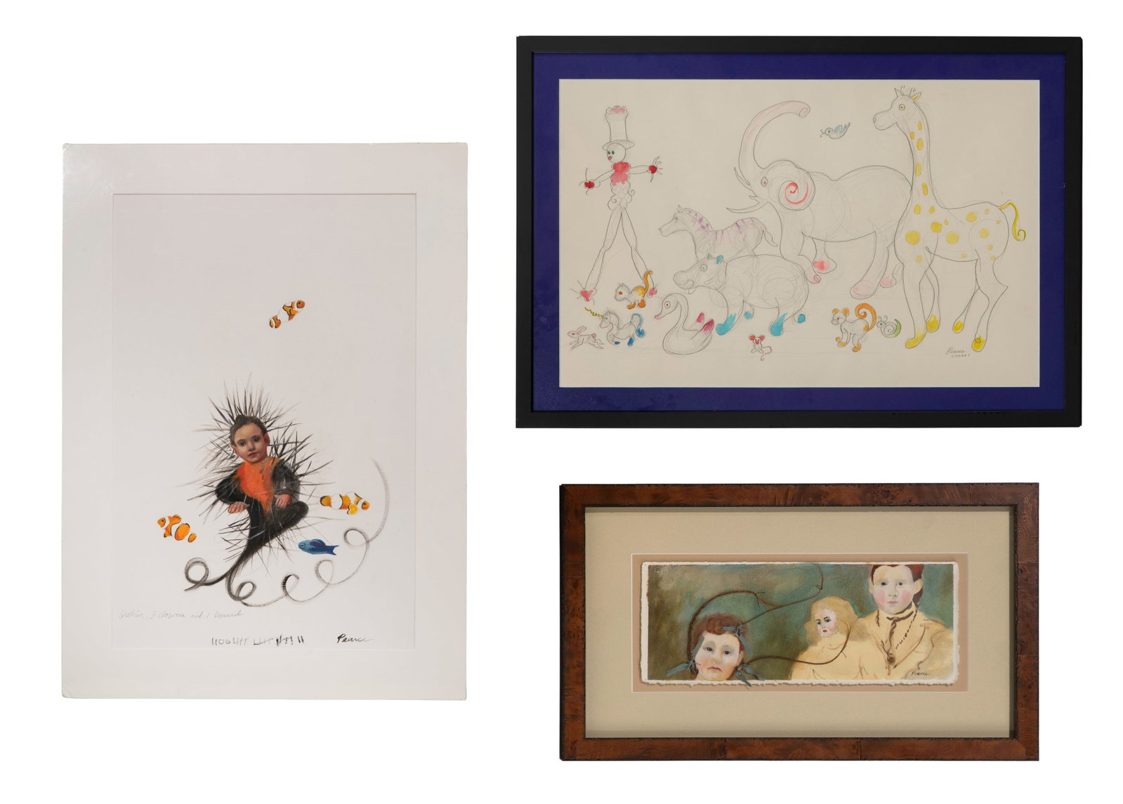 Carrie Pearce (American, b.1969) Mixed Media Artwork: Carrie Pearce (American, b.1969) Mixed Media Artwork (3) signed works, c.2020, depicting children and animals, (1) unframed Property from: an Estate, Peoria, Illinois Height: 15 inches, Width: 23 1/2