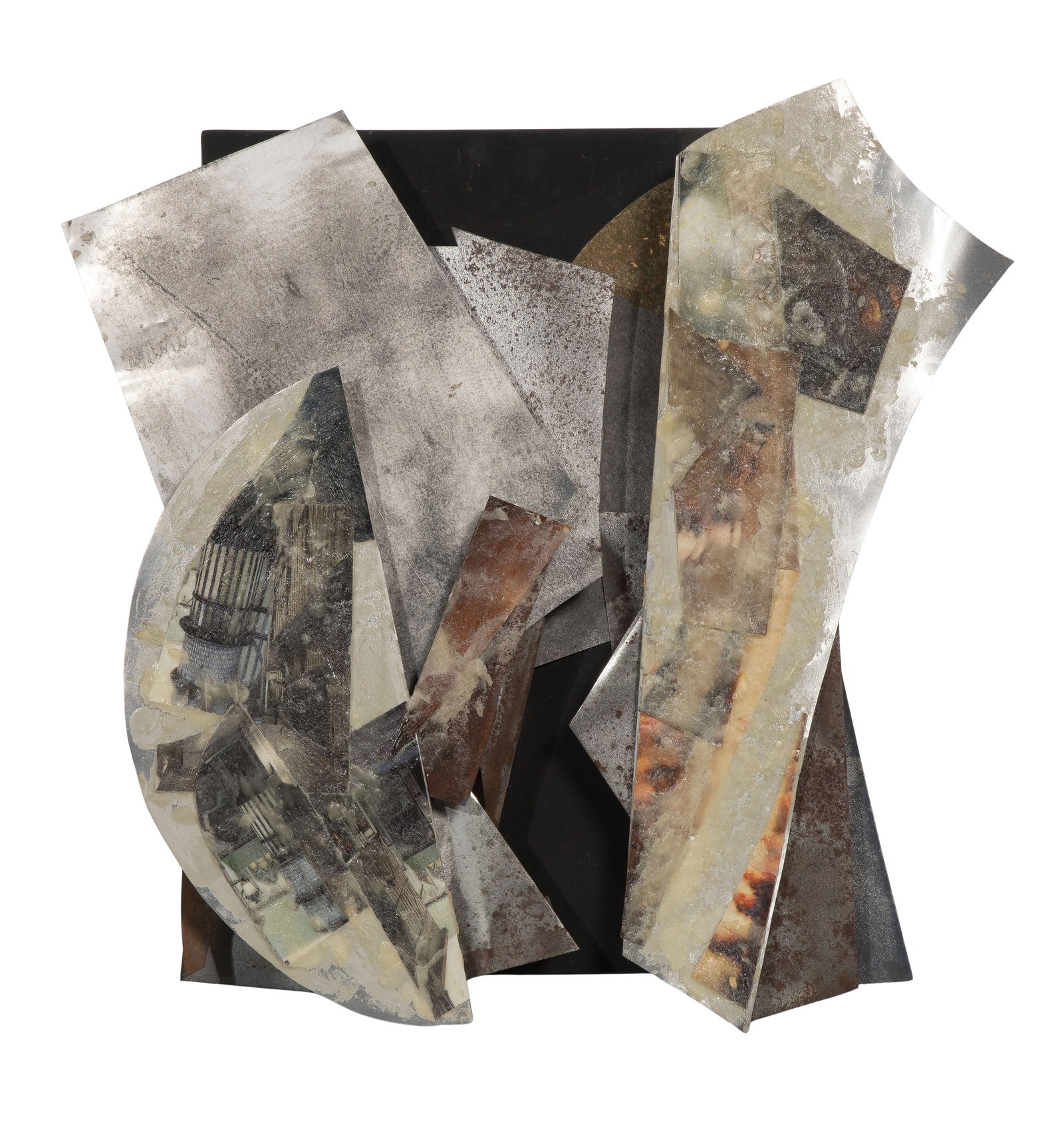 Joan Forman (American, 20th Century) '6 Inches - 6000 Miles' Mixed Media Wall Sculpture: Joan Forman (American, 20th Century) '6 Inches - 6000 Miles' Mixed Media Wall Sculpture Undated, unsigned, identifying label verso, painted metal sheets attached to a painted wood box support using