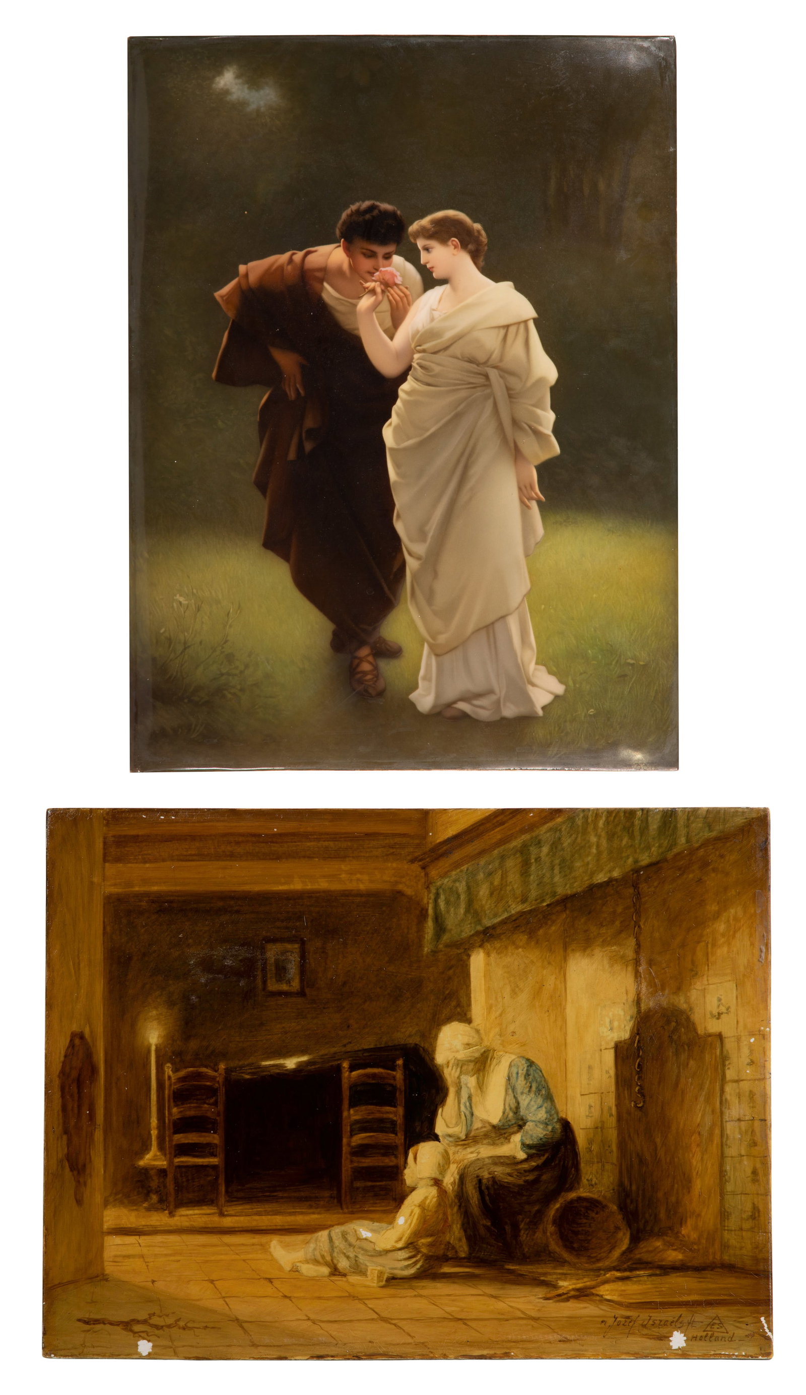 Porcelain Plaques: Porcelain Plaques (2) items including a K.P.M. hand painted plaque after the Friedrich Thumann painting of young love 'Liebesfruling', impressed markings on backside, and a hand painted plaque after