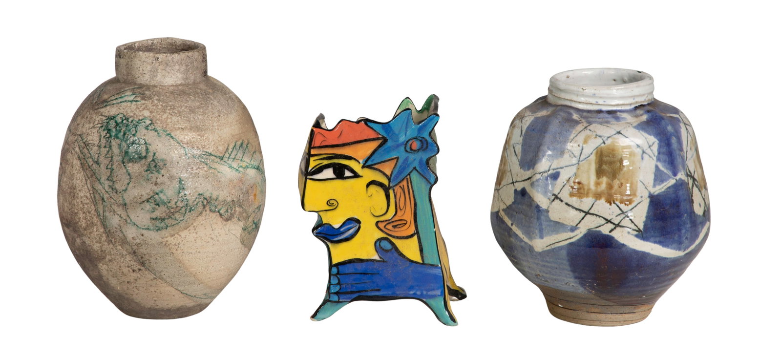 Alan Bennett Studio Pottery Vases: Alan Bennett Studio Pottery Vases (3) total items including (2) bulbous vases with one having a stone-like texture and hand drawn frogs and the other having an abstract pattern, both signed and dated