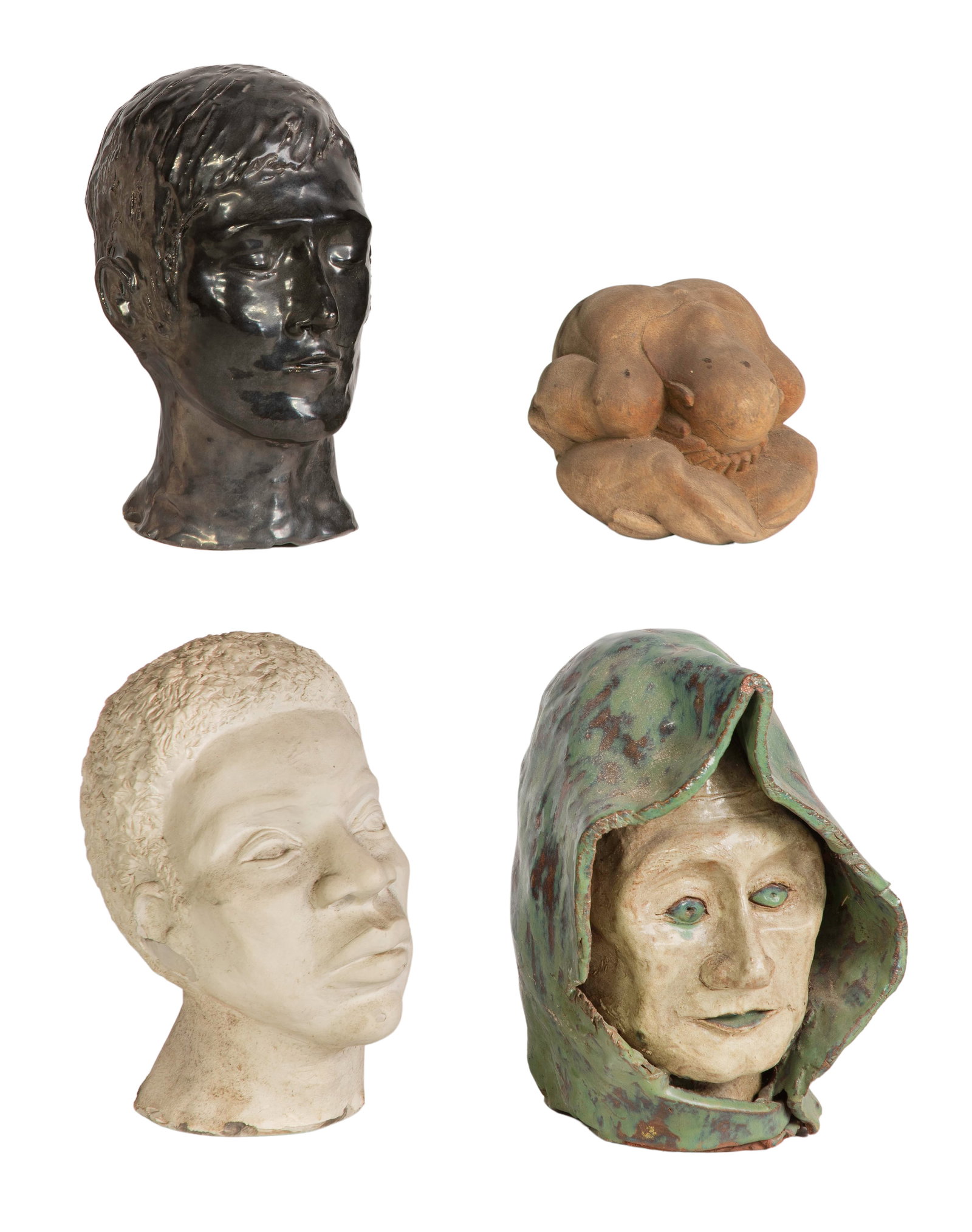 Studio Pottery Bust Assortment: Studio Pottery Bust Assortment (4) total items including (3) of various shapes, sizes, materials and subjects; together with a wood sculpture of a man crying into his hands, all unsigned Property