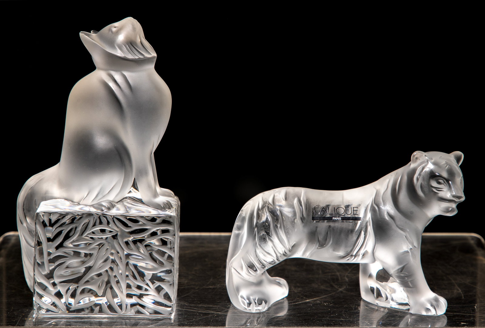 Lalique Crystal Figurines: Lalique Crystal Figurines (2) items including Chat Assis as well as a standing Bengal Tiger having original box and label, both etched signed Property from: a Private Collector, Chicago (Wrightwood),