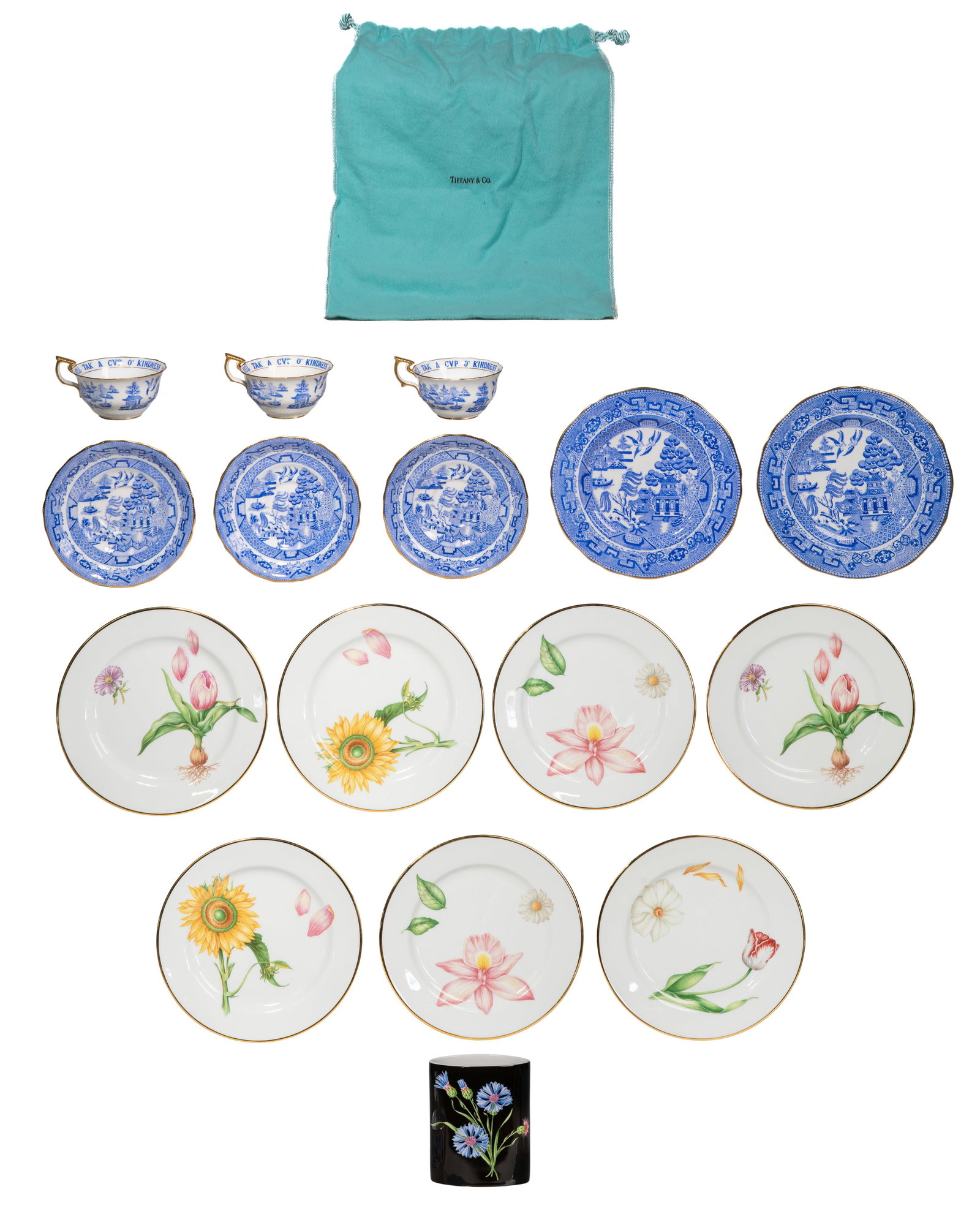 Tiffany & Co Porcelain Assortment: Tiffany & Co Porcelain Assortment (17) total items including (7) 8.25-inch plates in the Flowers pattern, a vase in the Wildflowers pattern, and Spode for Tiffany & Co. items including (3) cups, (3)