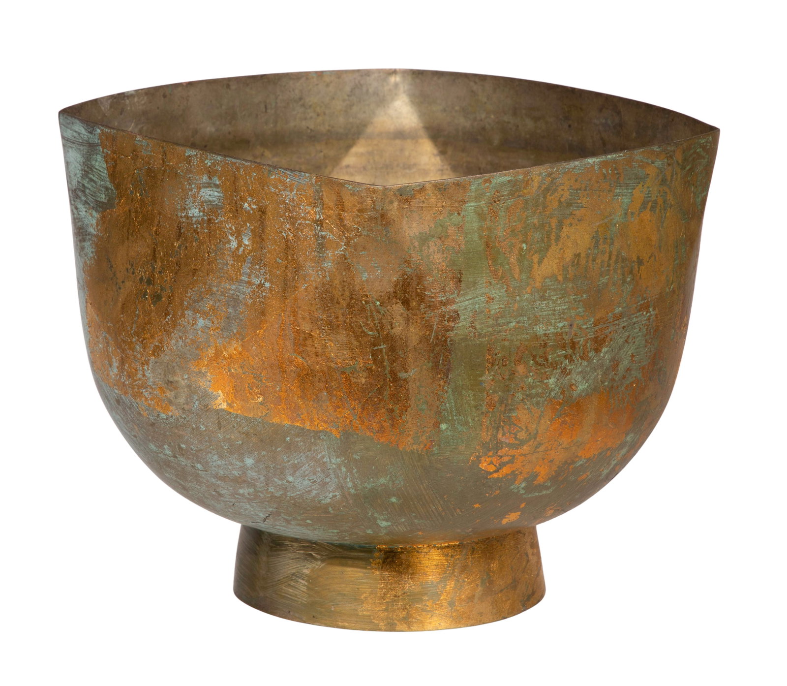 Ward Bennett Design Brass Cache Pot: Ward Bennett Design Brass Cache Pot A deep footed bowl having a round transitioning to four-sided form, retaining traces of gilt finish, marked 'Ward Bennett Design' underside Property from: an