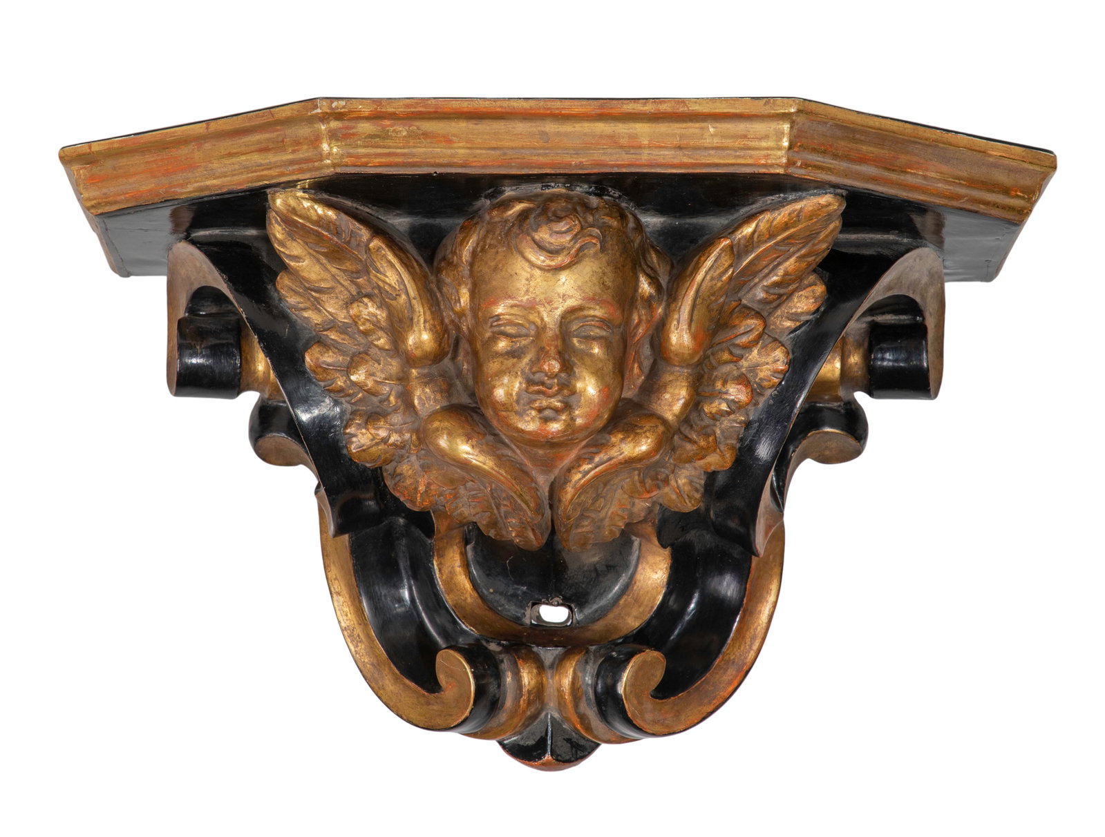 Baroque Style Wood Wall Bracket: Baroque Style Wood Wall Bracket A gilt and painted decorative bracket having a cherub motif Property from: an Estate, Glen Ellyn, Illinois Height: 13 inches, Width: 20 inches, Depth: 11 inches Conditi
