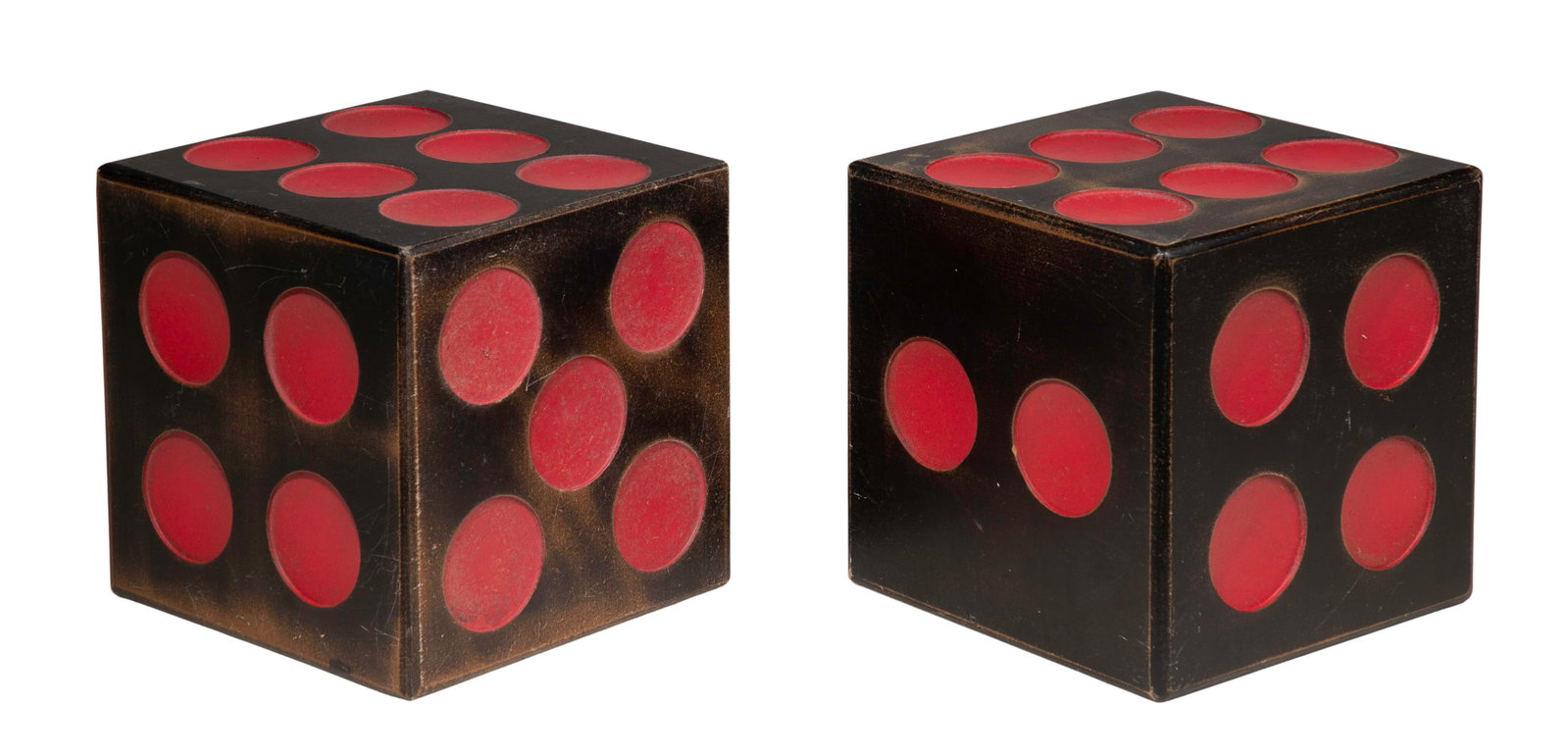 Carved Wood Dice: Carved Wood Dice A pair of unmarked painted wood having recessed spots Property from: an Estate, Glen Ellyn, Illinois Height: 8 inches, Width: 8 inches, Depth: 8 inches (each) Condition: overall