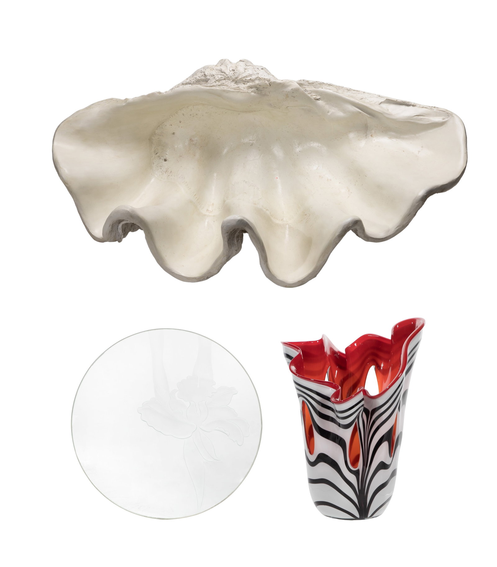 Decorative Item Assortment: Decorative Item Assortment (3) items including an etched Dorothy Thorpe serving plate marked 'T', a zebra stripe handkerchief style stretch loop vase attributed to Jozefina Krosnos and a resin clam