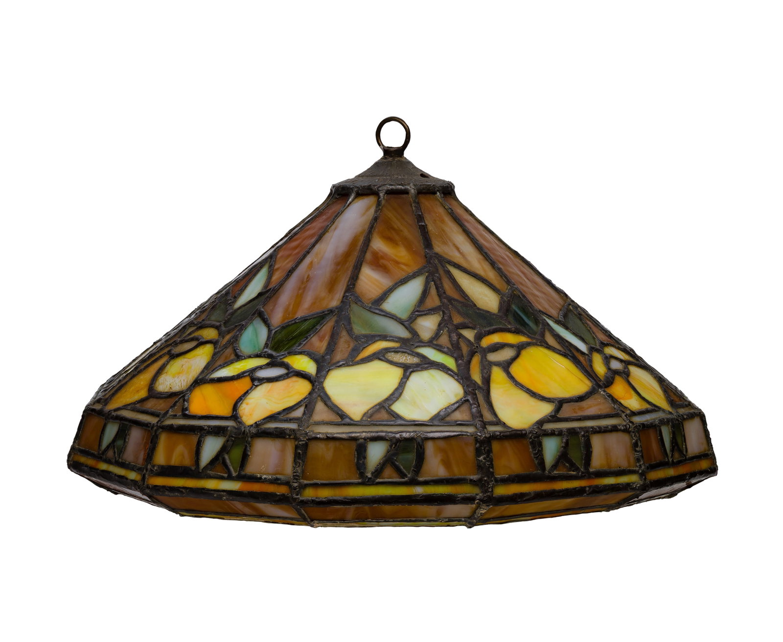 Leaded Stained Glass Lamp Shade: Leaded Stained Glass Lamp Shade Having a floral pattern in amber, yellow and green tones and copper Property from: an Estate, Glen Ellyn, Illinois Height: 9 1/4 inches, Diameter: 15 inches Condition: