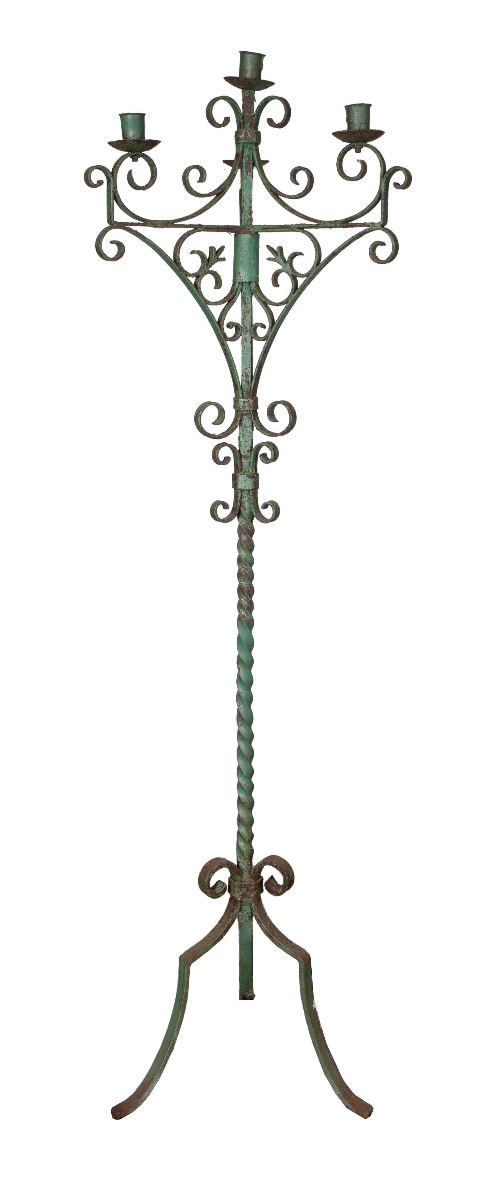 Wrought Iron Floor Candelabra: Wrought Iron Floor Candelabra 4-light, having scrollwork and a twisted stem, distressed and oxidized green patina Property from: an Estate, Glen Ellyn, Illinois Height: 68 inches, Width: 18 inches,
