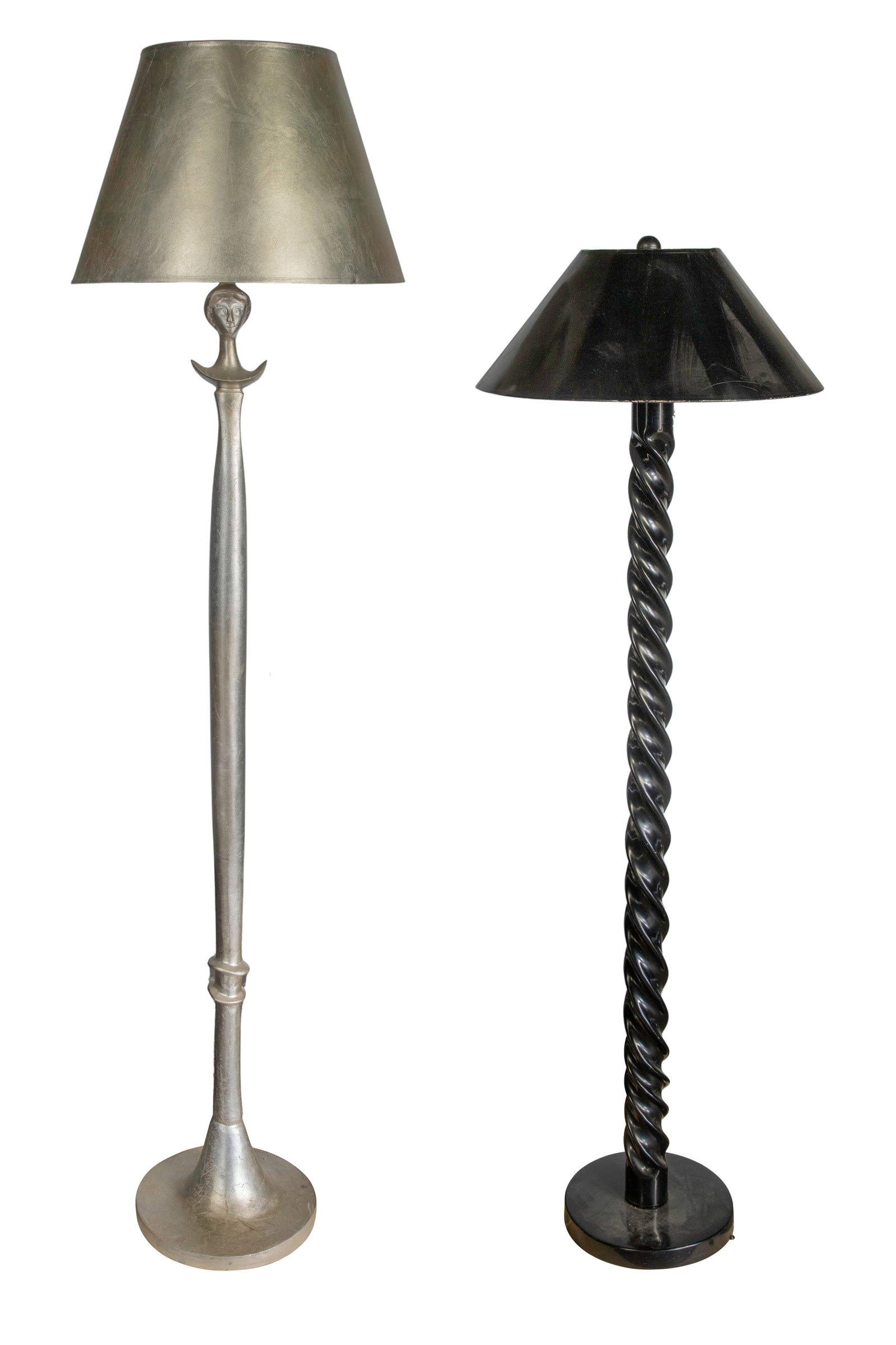 Alberto Giacometti Style Carved Wood Floor Lamp: Alberto Giacometti Style Carved Wood Floor Lamp (2) total items including the unmarked silver-tone resin over wood homage to Giacometti's 'Figure' lamp having a silver paper shade; together with an