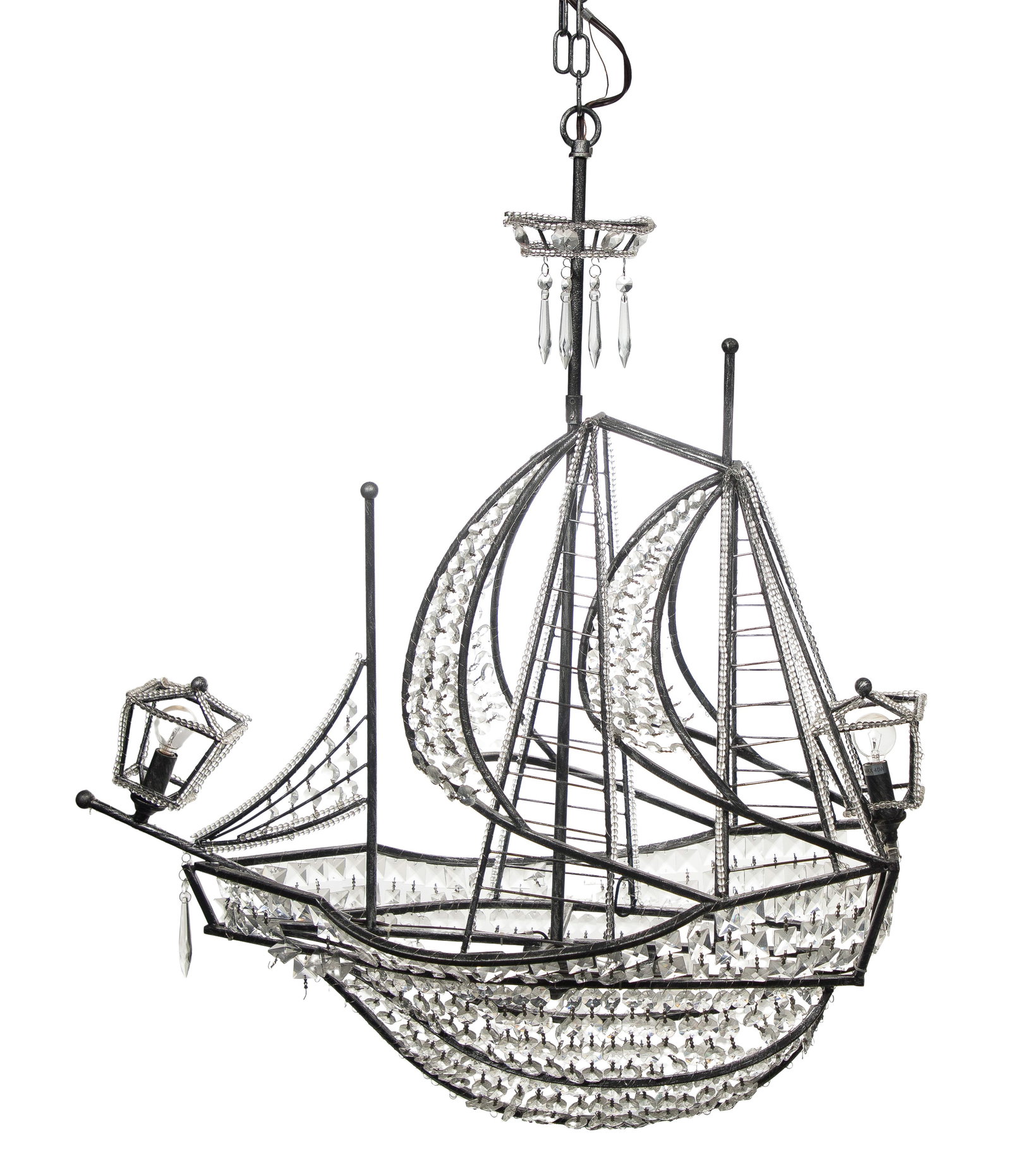Crystal Sailing Ship Chandelier: Crystal Sailing Ship Chandelier A 4-light ship form chandelier having a matte black / silver iron frame and strands of faceted, clear hanging crystals, including a package of longer crystal drops