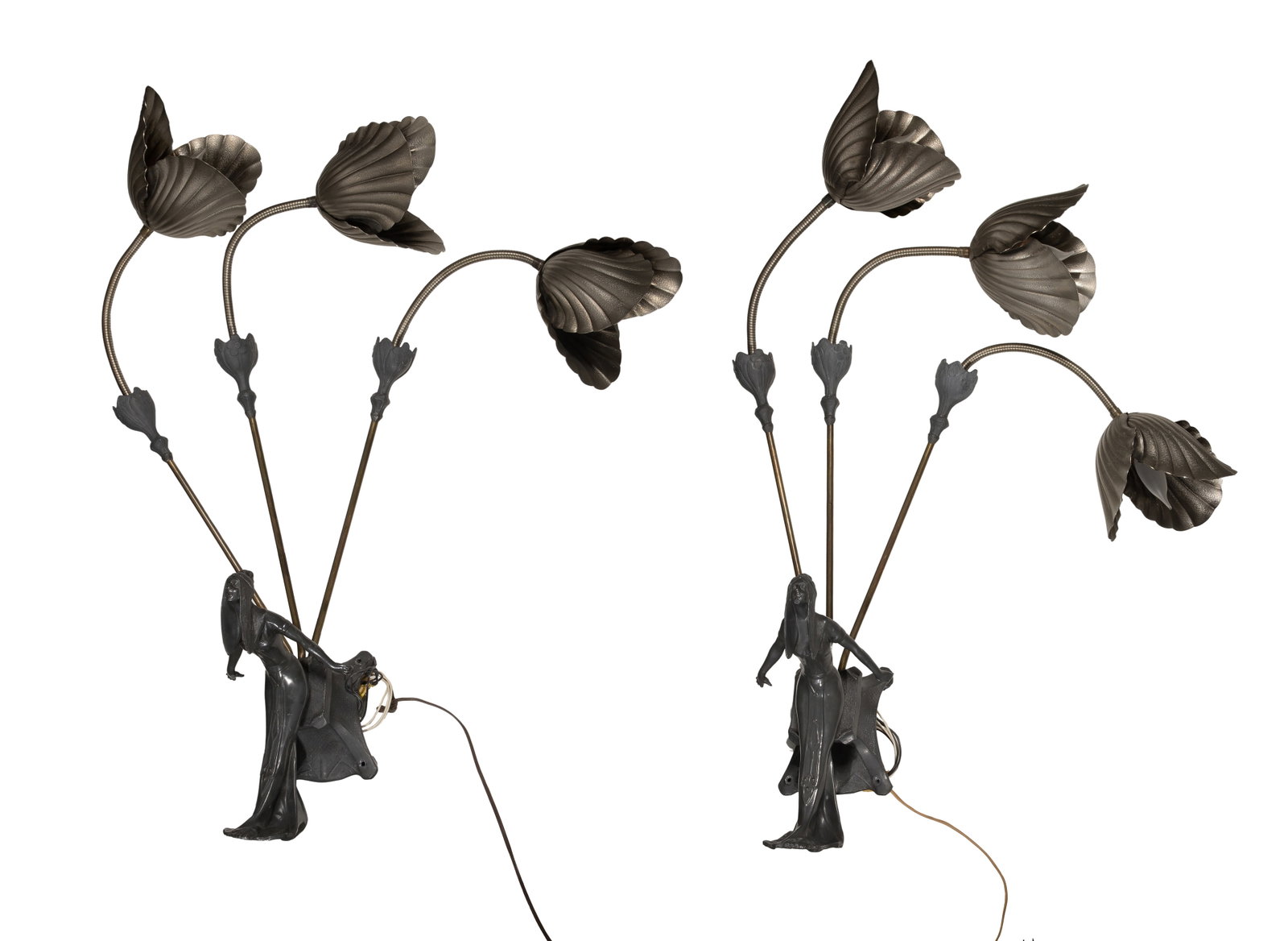 Art Nouveau Style Wall Sconces: Art Nouveau Style Wall Sconces A pair, each having a female figure attached to a wall mount, three copper standards having attached adjustable gooseneck extensions and lily shaped metal shades