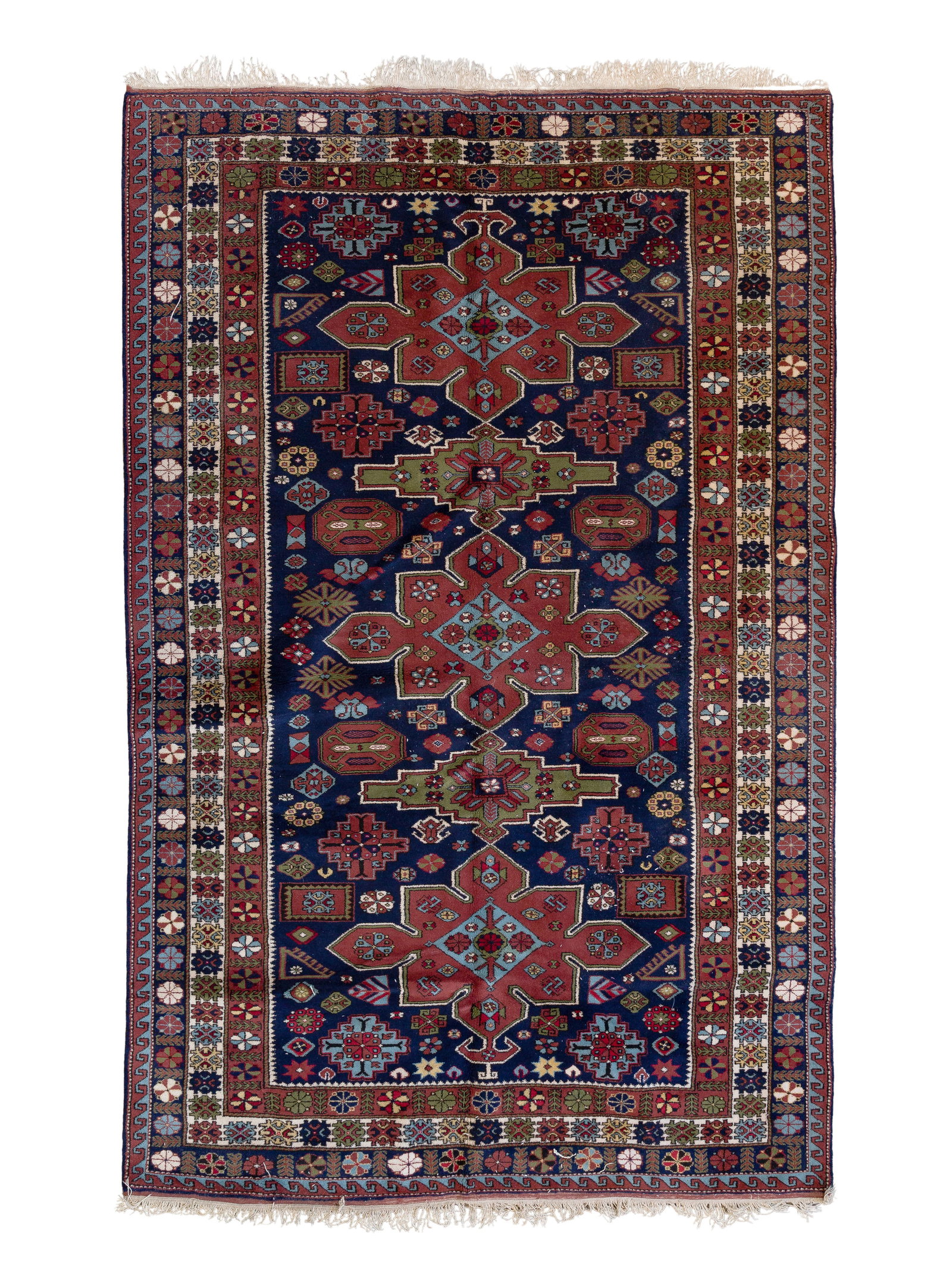 Persian Wool Rug: Persian Wool Rug Hand knotted having an abstract geometric pattern in hues of green, cream and rust on a blue field Property from: a Private Collector, Antioch, Illinois Rug Size: 9 ft. 7in. by 6 ft.