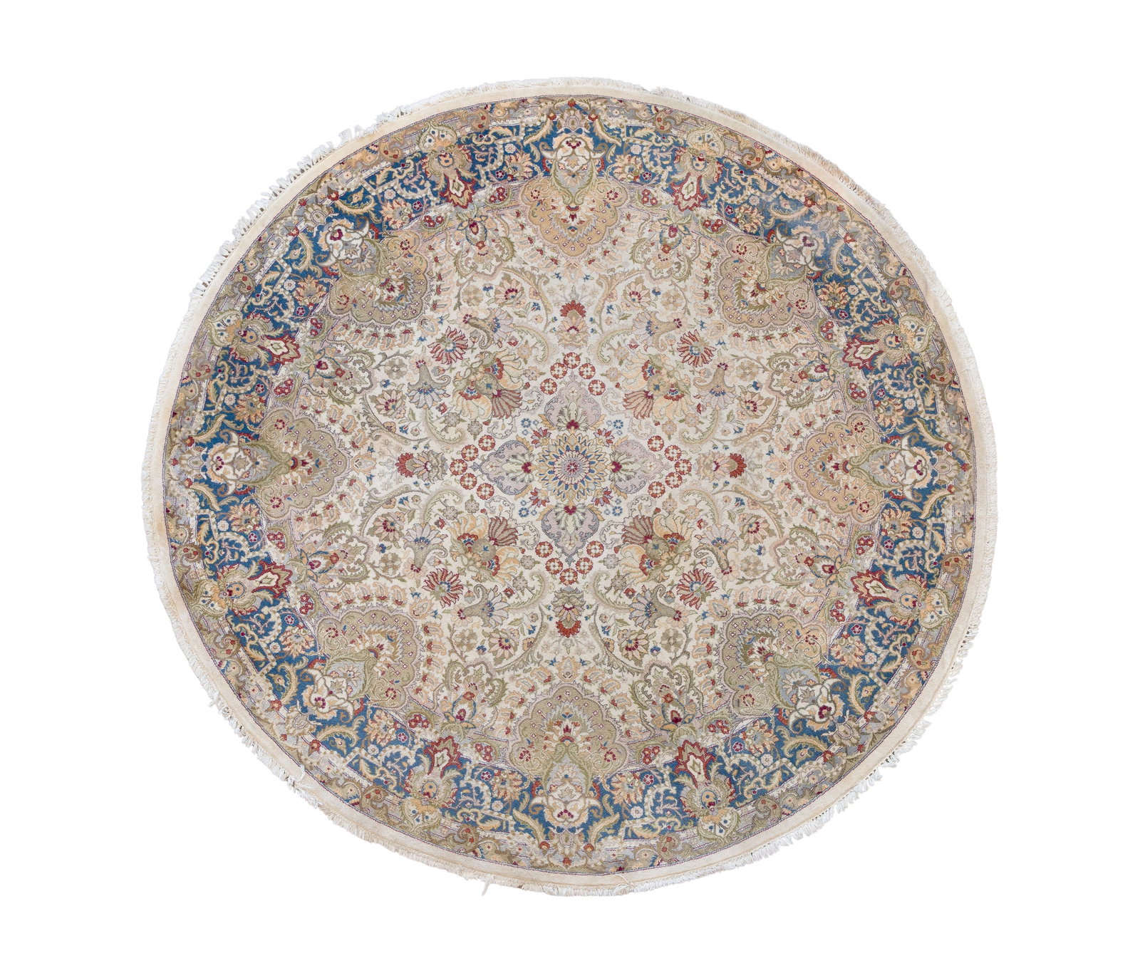 Persian Wool Rug: Persian Wool Rug Hand knotted, round having a floral design in hues of blue, tan and wine on a cream field Property from: a Private Collector, Antioch, Illinois Condition: overall light wear