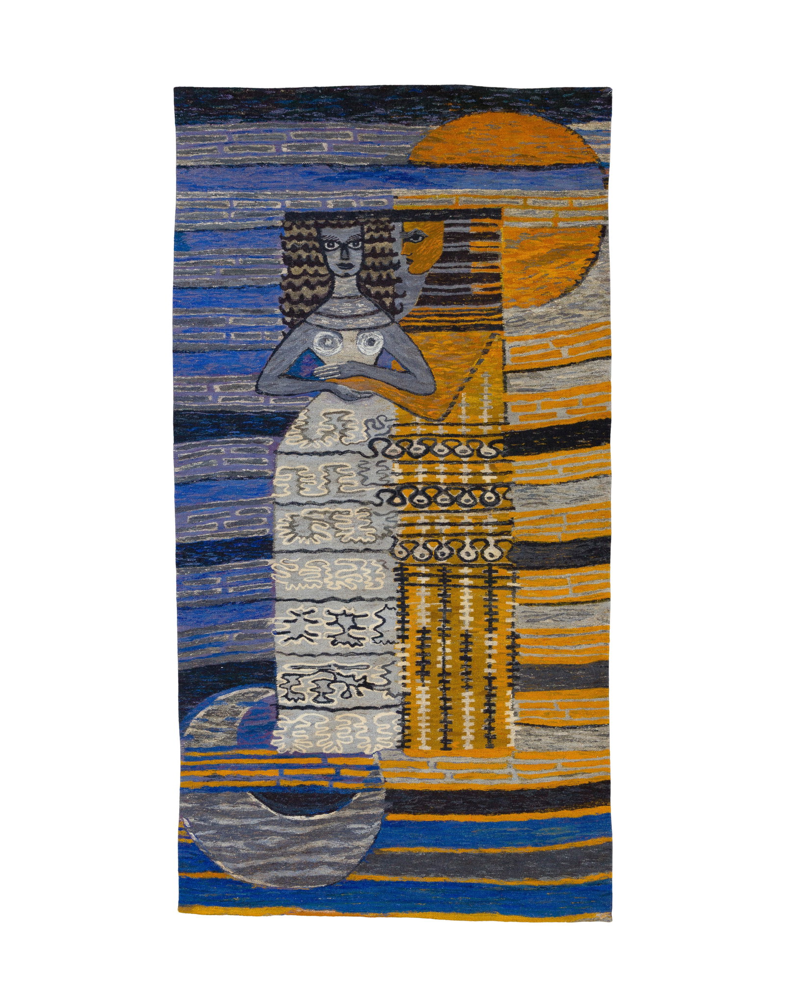Helena Galkowska (Polish, 1911-1992) 'Day and Night' Wool Tapestry: Helena Galkowska (Polish, 1911-1992) 'Day and Night' Wool Tapestry Having a multi-figure arrangement in hues of blue, gold, white and green, retaining original Goberlin tag translated 'Night and Day