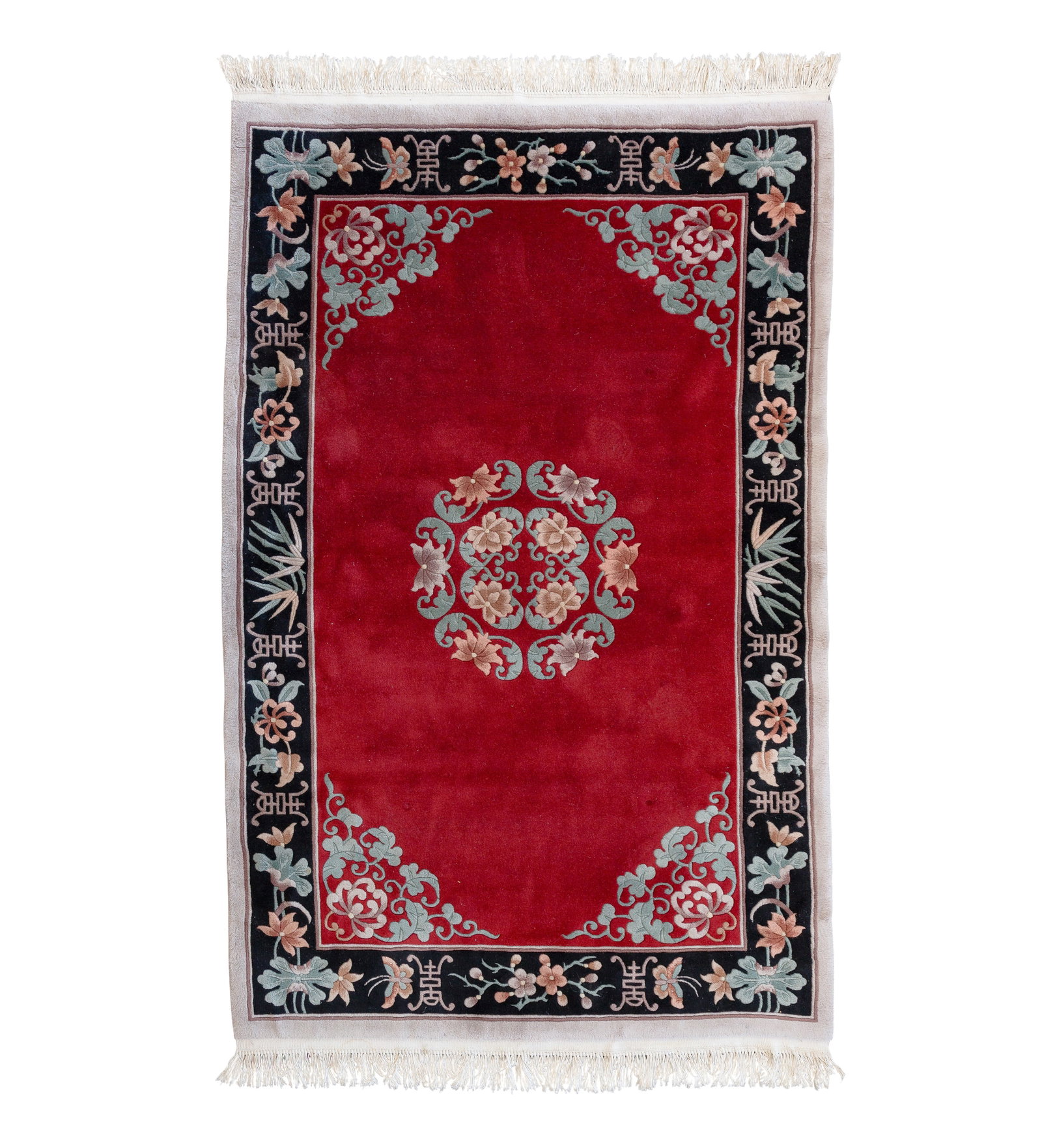 Chinese Sculpted Wool Rug: Chinese Sculpted Wool Rug Hand knotted, floral and characters having a center medallion in hues of blue, cream, tan, green and grey on a red field Property from: an Estate, Princeton, Illinois Rug