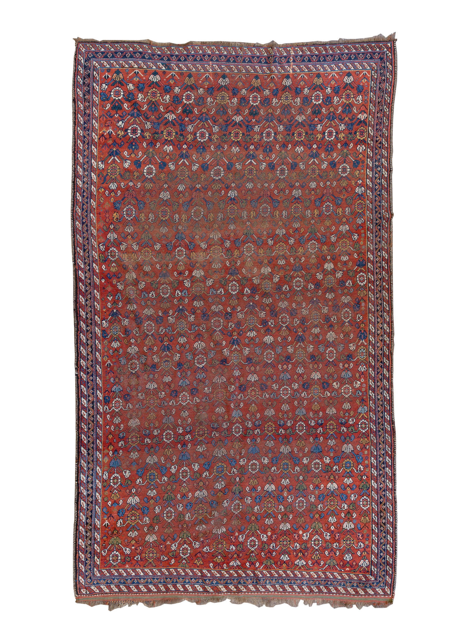 Persian Wool Rug: Persian Wool Rug A Bijar flat-weave style having a floral design in hues of gold, cream and blue on a rust field Property from: a Private Collector, Glen Ellyn, Illinois Rug Size: 11 ft. 2 in. by 6