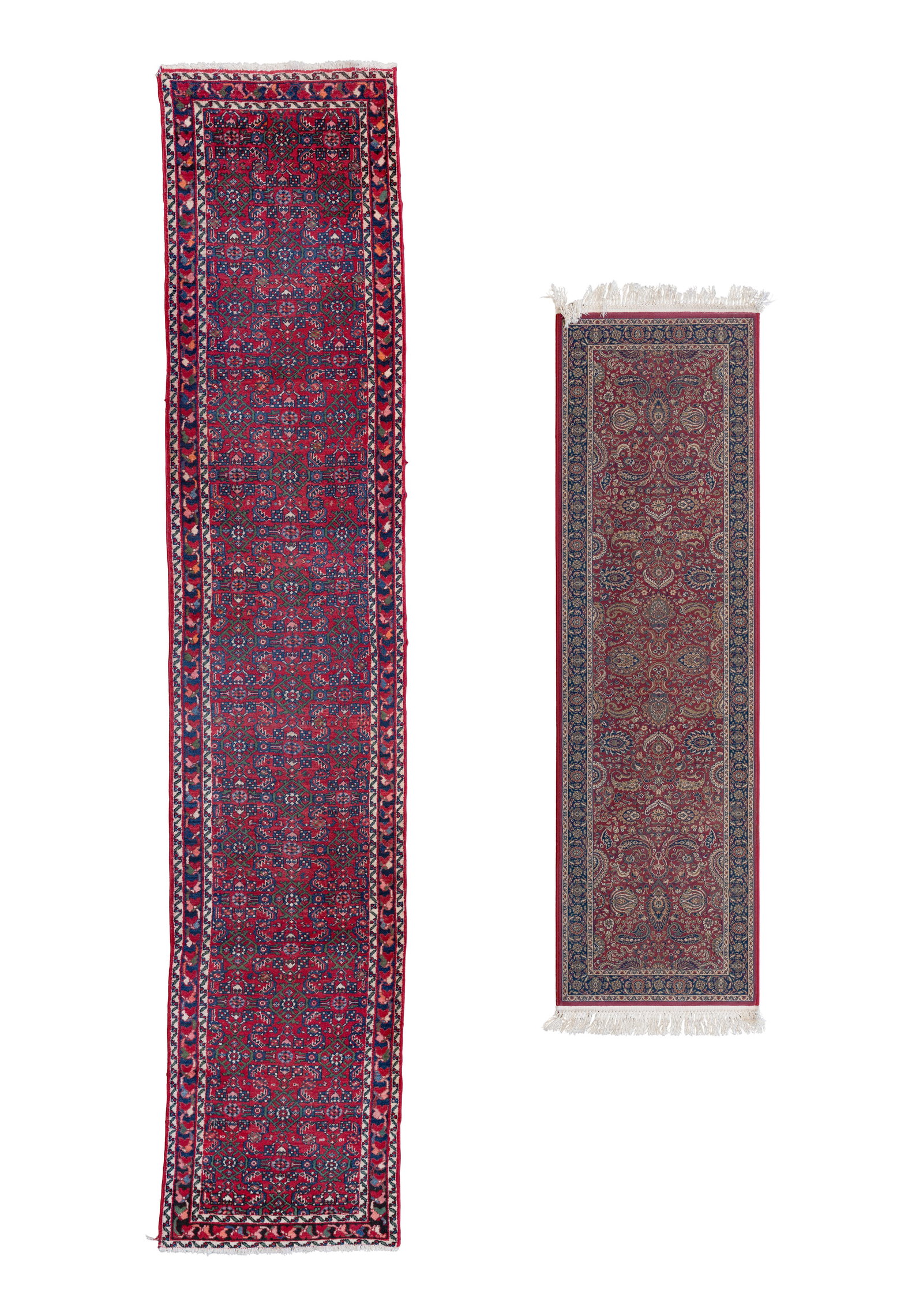 Persian Wool Runner Assortment: Persian Wool Runner Assortment (2) runners including an abstract floral design having hues of cream, green, blue and pink on a red field as well as an abstract floral having blue, cream, tan and