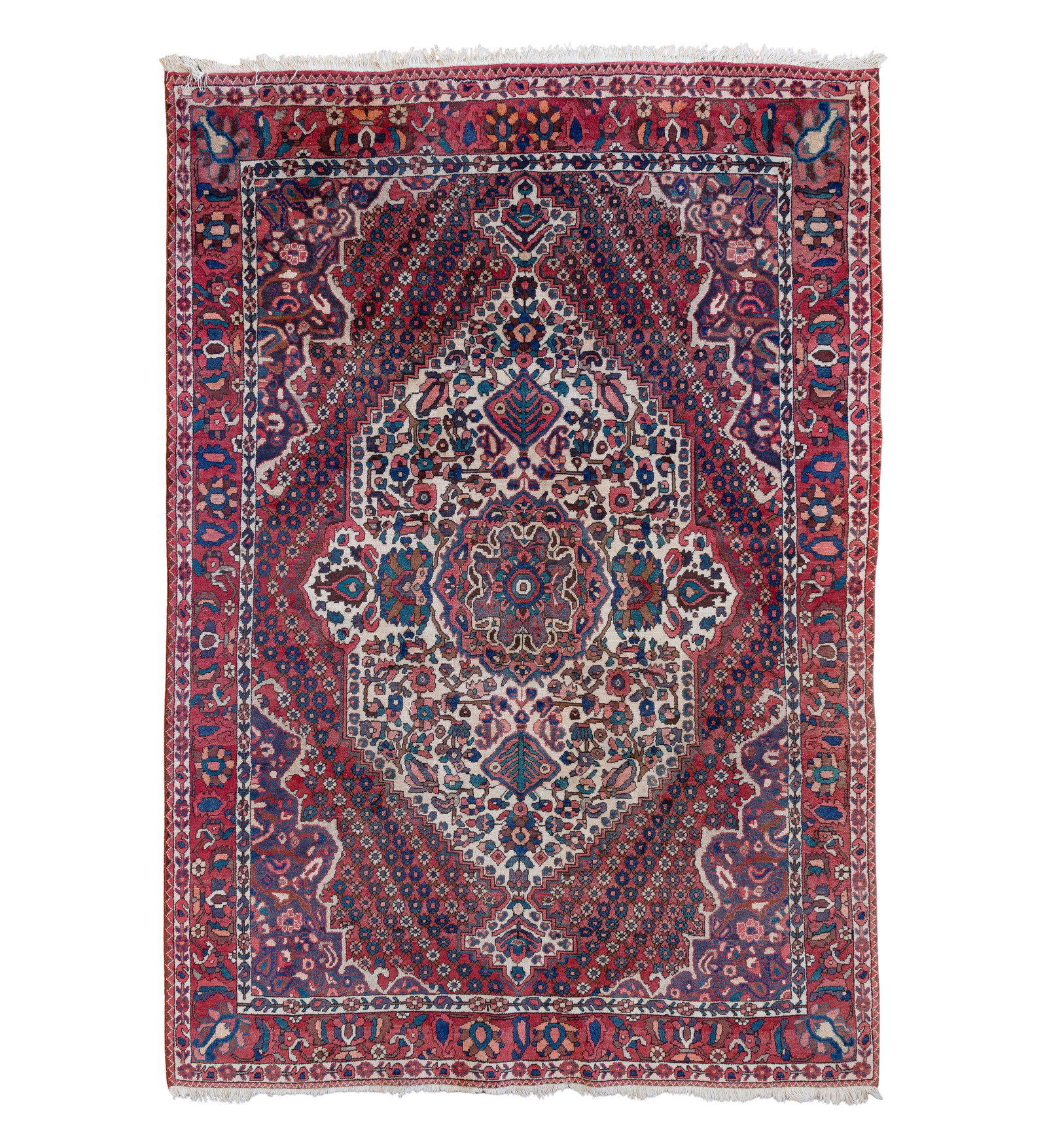 Persian Wool Rug: Persian Wool Rug Hand knotted having an abstract design in hues of blue, cream and tan on a wine field Property from: an Estate, Evanston, Illinois Rug Size: 9 ft. 8 in. by 6 ft. 10 in. Condition: