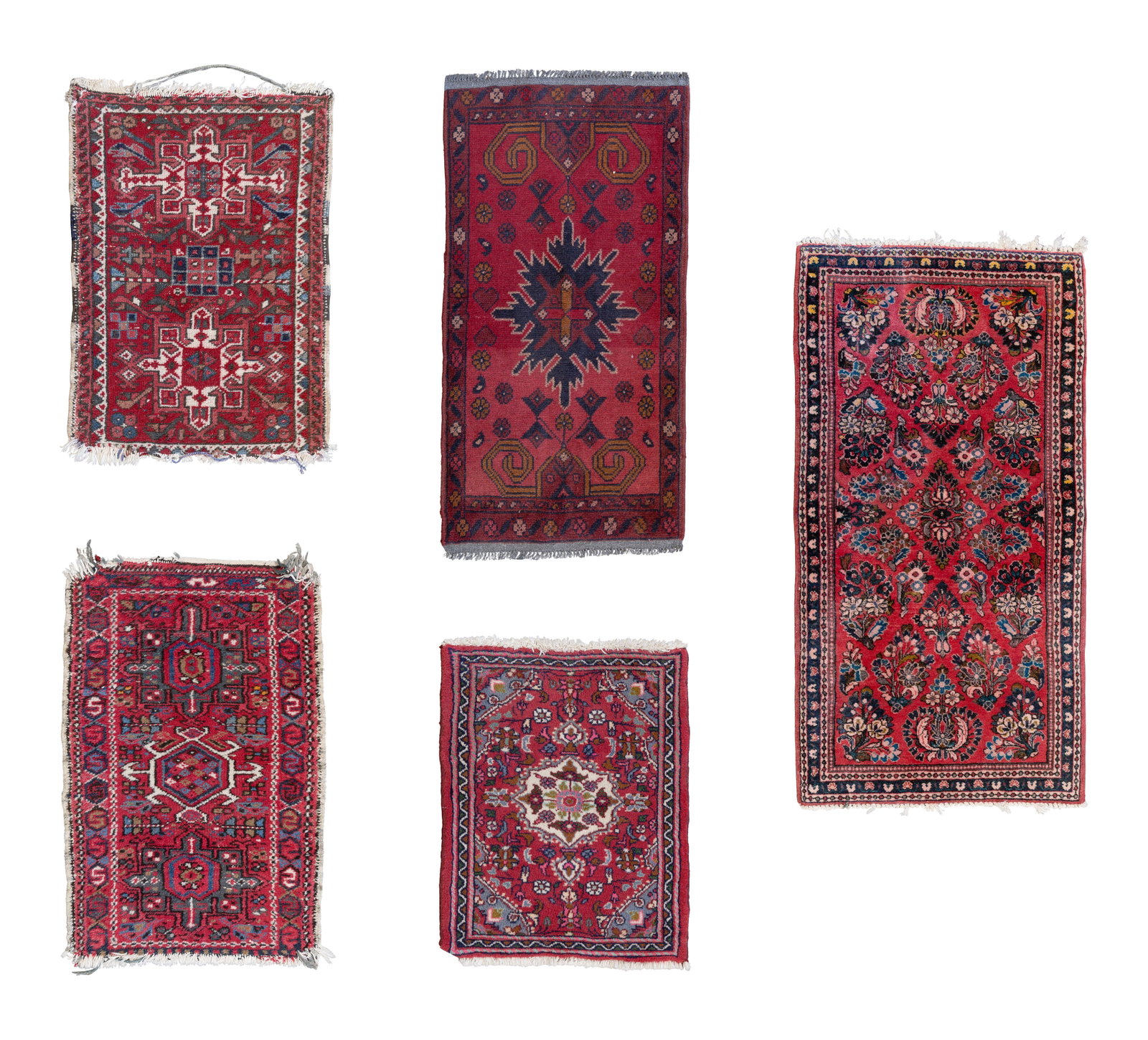 Wool Rug Assortment: Wool Rug Assortment (5) items, all having abstract designs in hues of black, brown, blue, cream and gold, most on a red field Property from: an Estate, Evanston, Illinois Rug Size: 3 ft. 10in. by