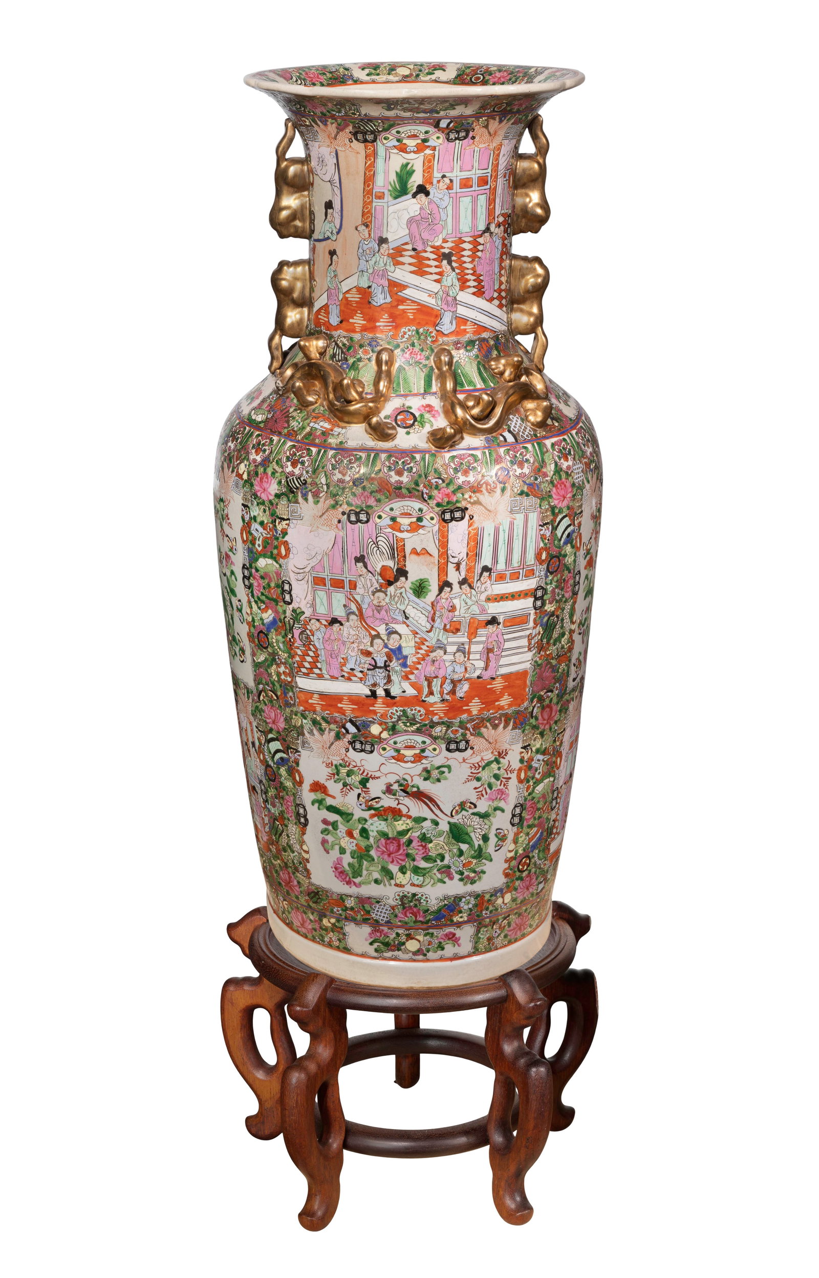Chinese Famille Rose Porcelain Floor Vase: Chinese Famille Rose Porcelain Floor Vase Having gilt foo lion handles and dragons at shoulder, floral and scroll enameled decoration framing pictorial panels, unmarked, raised on a 10.5-inch wood sta