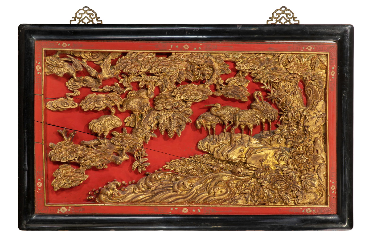 Asian Gilt Wood Panel: Asian Gilt Wood Panel Having hand carved birds and foliage throughout, in a black lacquer wood frame Property from: an Estate, Chicago (Wrigleyville), Illinois Height: 21 1/2 inches, Width: 38 inches