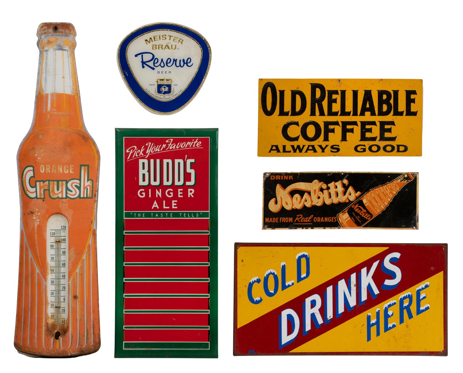 Beverage Advertising Sign Assortment: Beverage Advertising Sign Assortment (6) items, mostly enamel on metal, including an Orange Crush wall thermometer, a Nesbitt's orange soda, a Budd's Ginger Ale menu board and a 'Cold Drinks Here' as