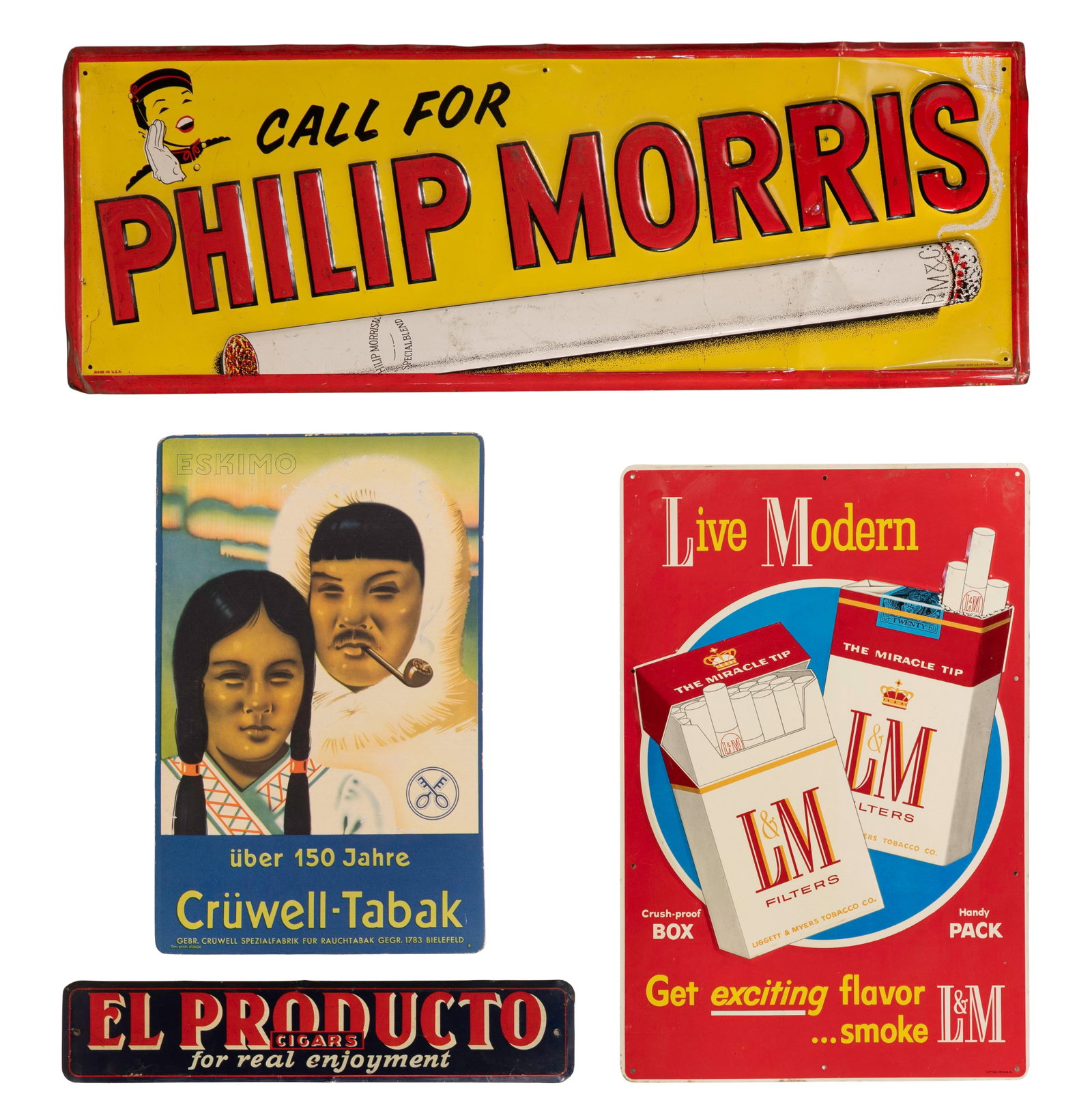 Tobacco and Cigar Advertising Sign Assortment: Tobacco and Cigar Advertising Sign Assortment (4) items, mostly enamel on metal, including a 'Call for Philip Morris', an L & M cigarettes, an El Producto cigars as well as a cardboard easel style