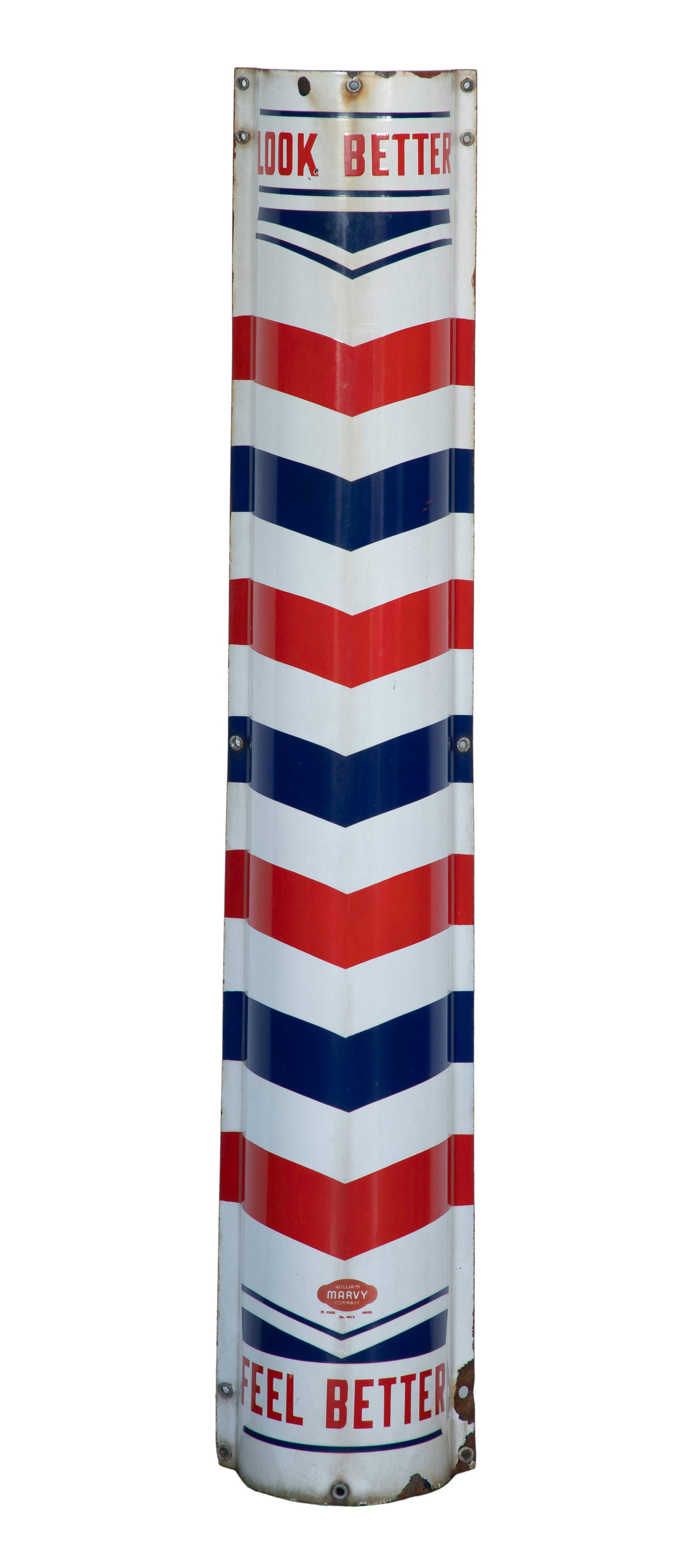 William Marvy Wall Mount Barber Pole Curved Enamel Advertising Sign (1 of 4)