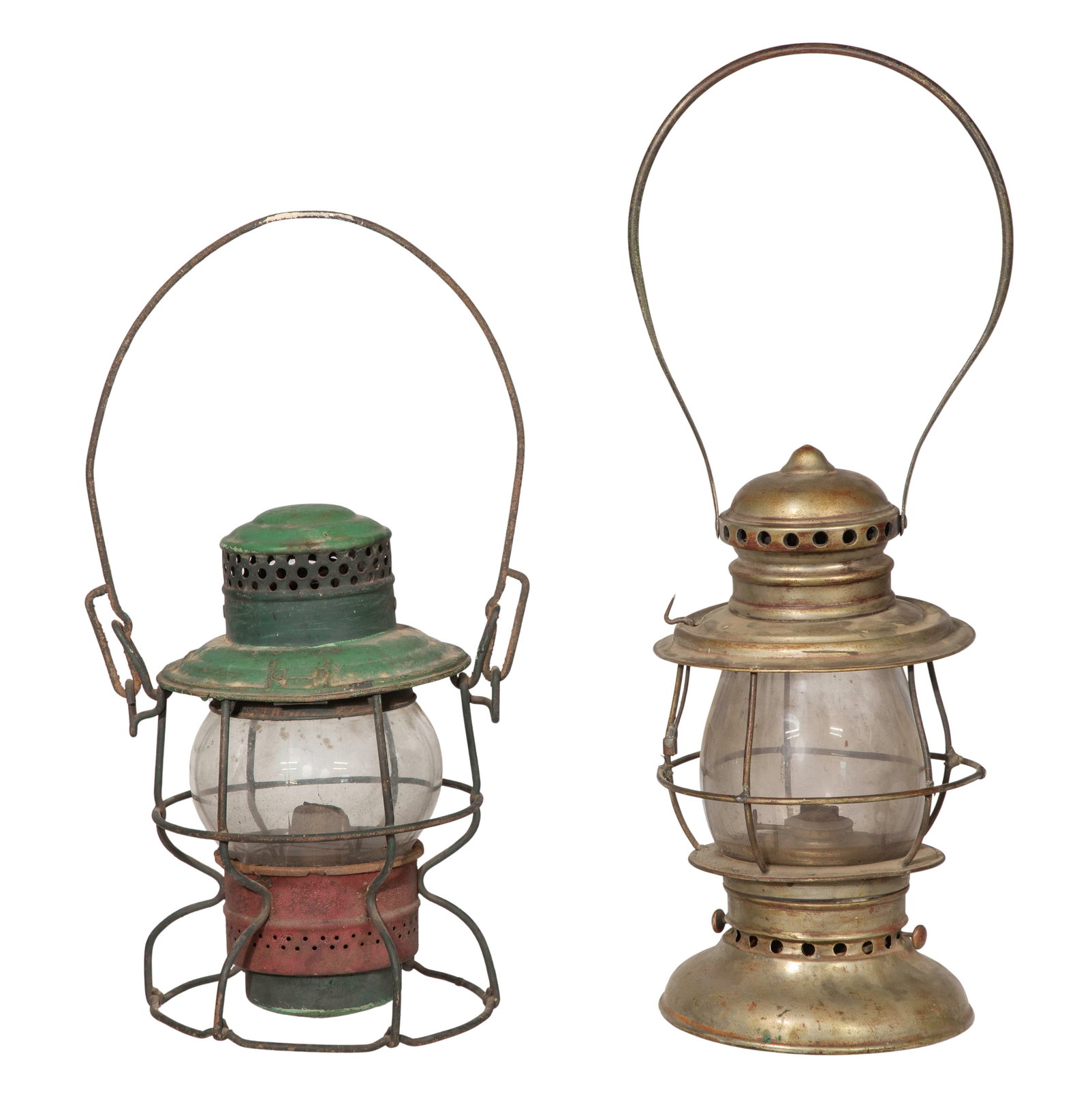 Chicago Rapid Transit Adlake Railroad Lantern: Chicago Rapid Transit Adlake Railroad Lantern (2) total items including an Adlake kerosene lantern having raised 'Adams & Westlake' and 'C. R. T. CO' on ventilator, clear globe, painted red and
