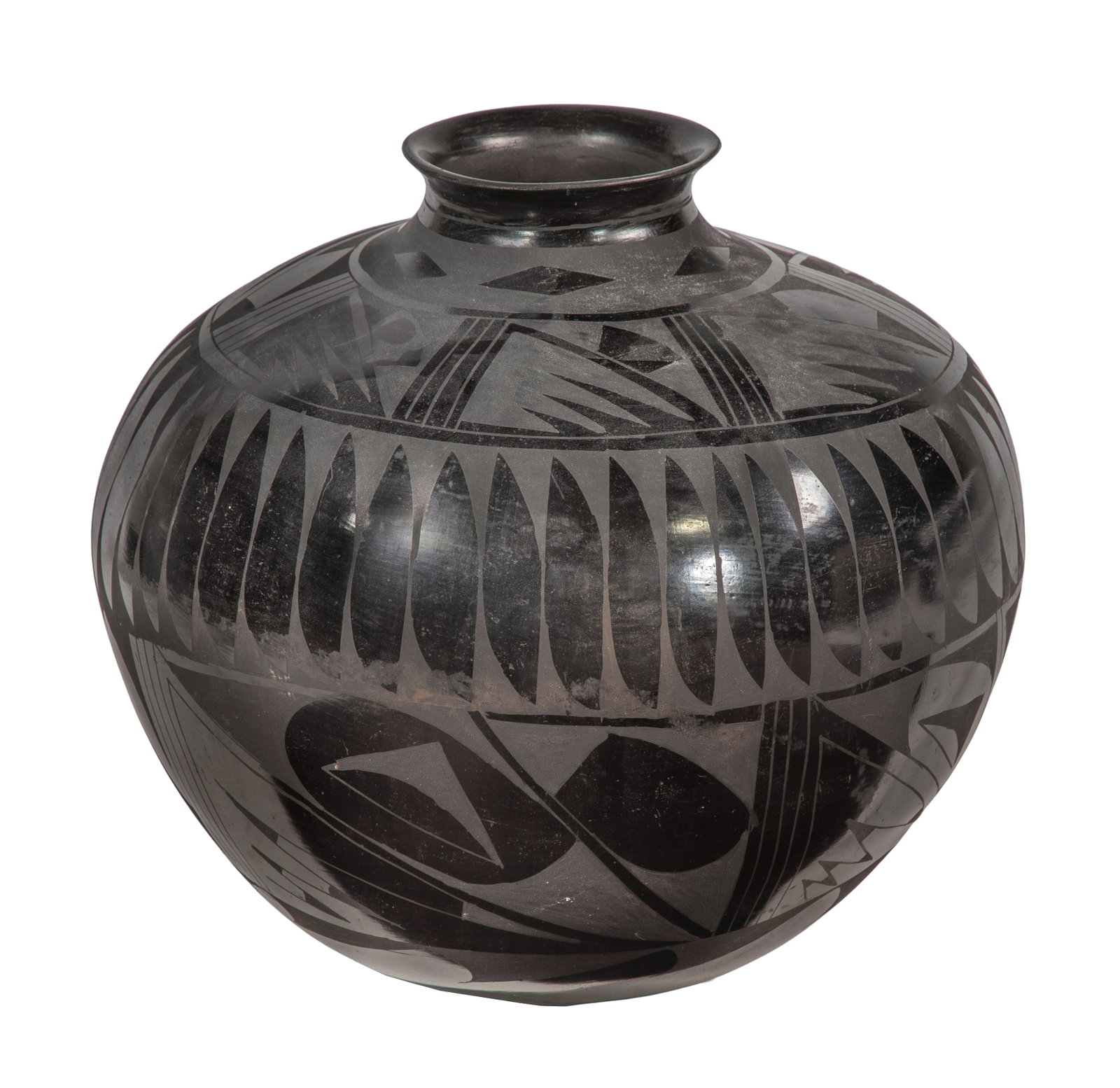 Monica Moreno (American / Pueblo, 20th Century) Black-on-Black Pottery Jar: Monica Moreno (American / Pueblo, 20th Century) Black-on-Black Pottery Jar Undated, engraved 'Monica M' underside, round-bottomed jar having burnished and matte geometric decoration Property from: an