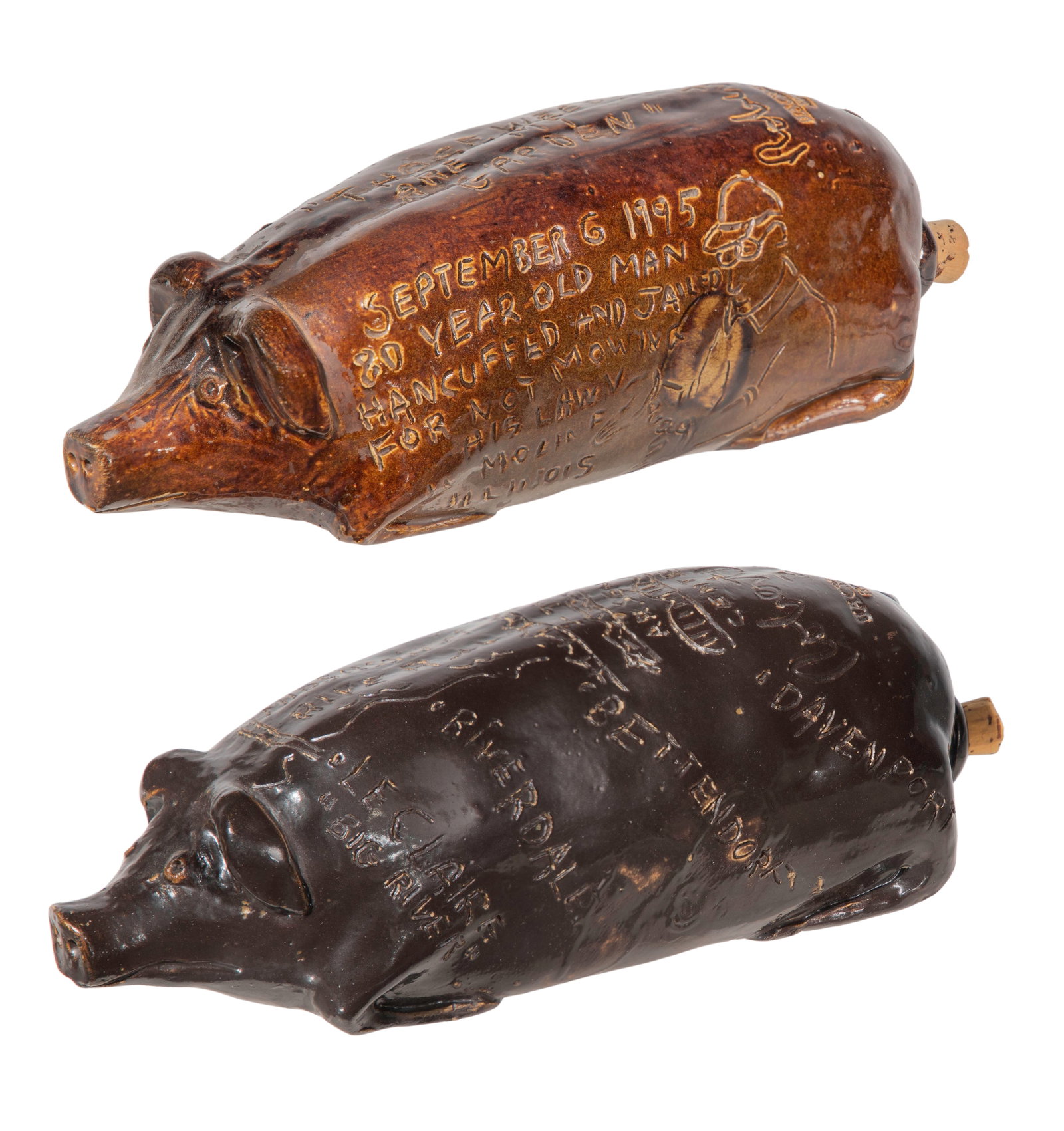 Robert Jackson Pottery Pig Flasks: Robert Jackson Pottery Pig Flasks (2) items, both glazed in hues of brown having incised signature and stamped 'Jackson Pottery / Rock Island / Illinois', corks, including a dated '99' having an
